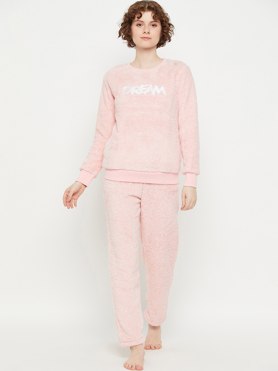 

MADAME M SECRET Typography Printed Round Neck Sweatshirts With Pyjamas, Peach