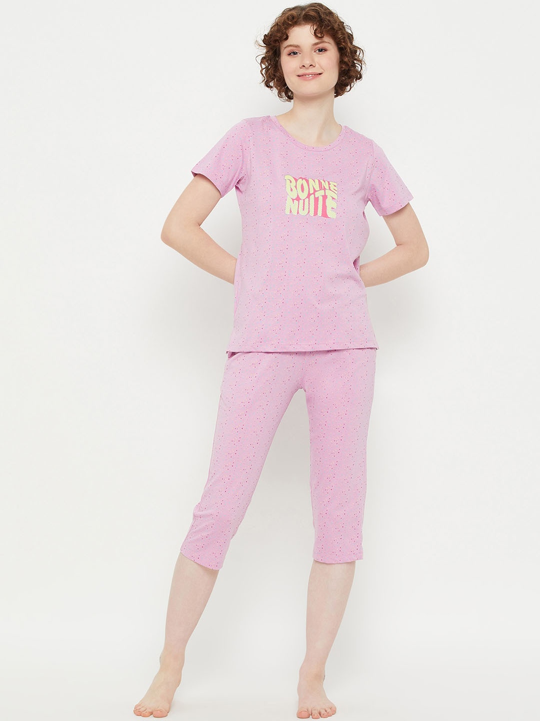

MADAME M SECRET Typography Printed T-shirt & Capri, Purple