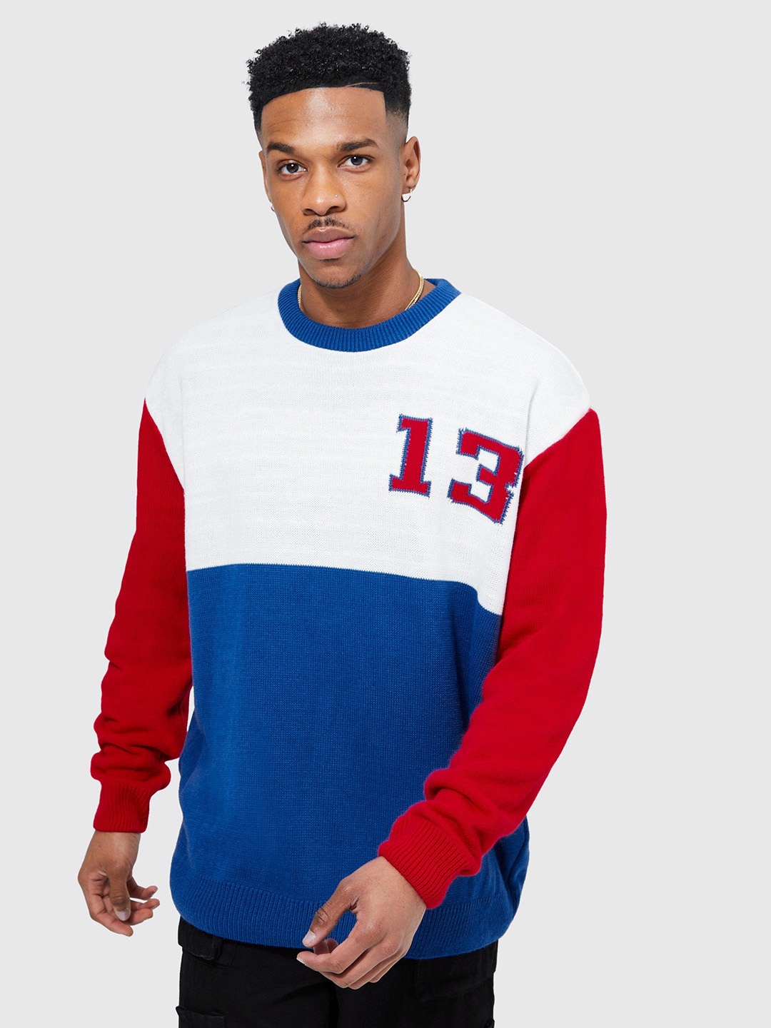 

boohooMAN Acrylic Colourblocked Oversized Pullover, White