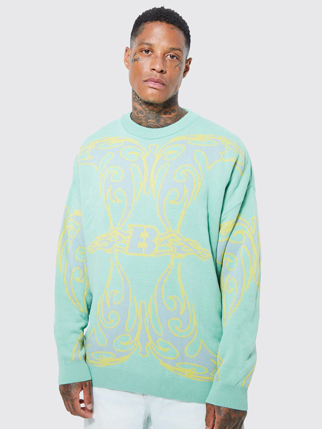 

boohooMAN Oversized Printed Acrylic Pullover, Blue