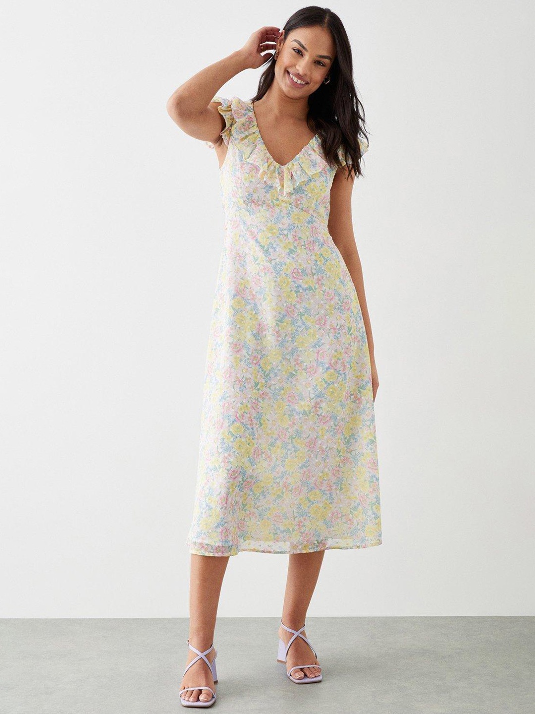 

DOROTHY PERKINS Floral Print Flutter Sleeves Ruffled Detailed A-Line Midi Dress, Yellow