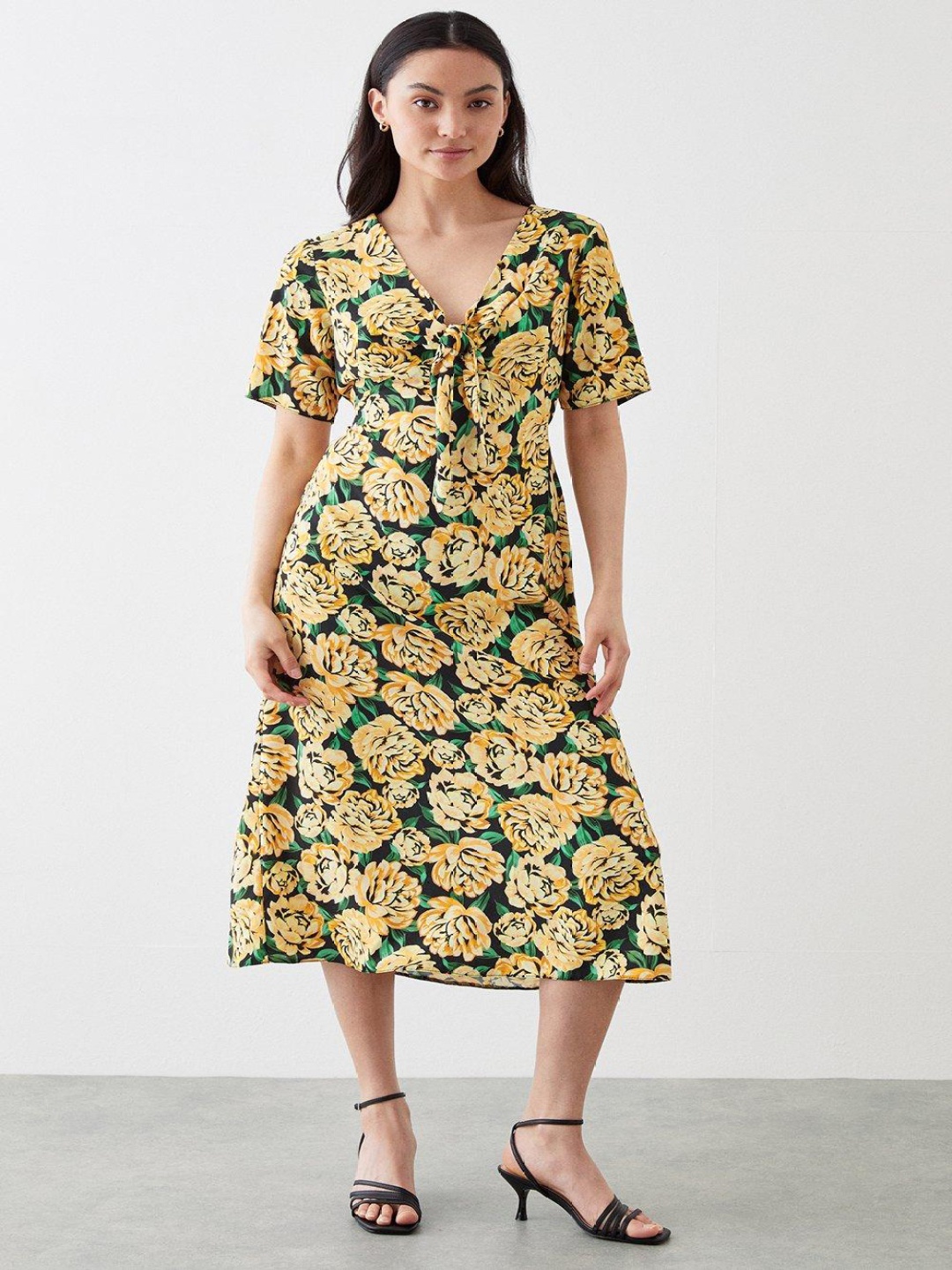 

DOROTHY PERKINS Petite Knotted Detail Floral Print A-Line Midi Dress, Yellow