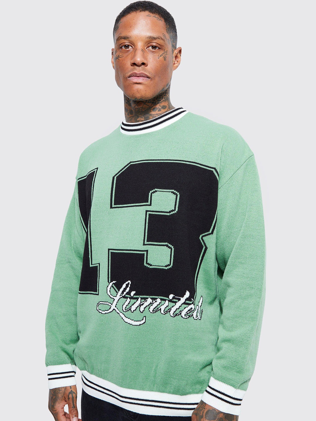 

boohooMAN Acrylic Oversized Limited Varsity Pullover, Green