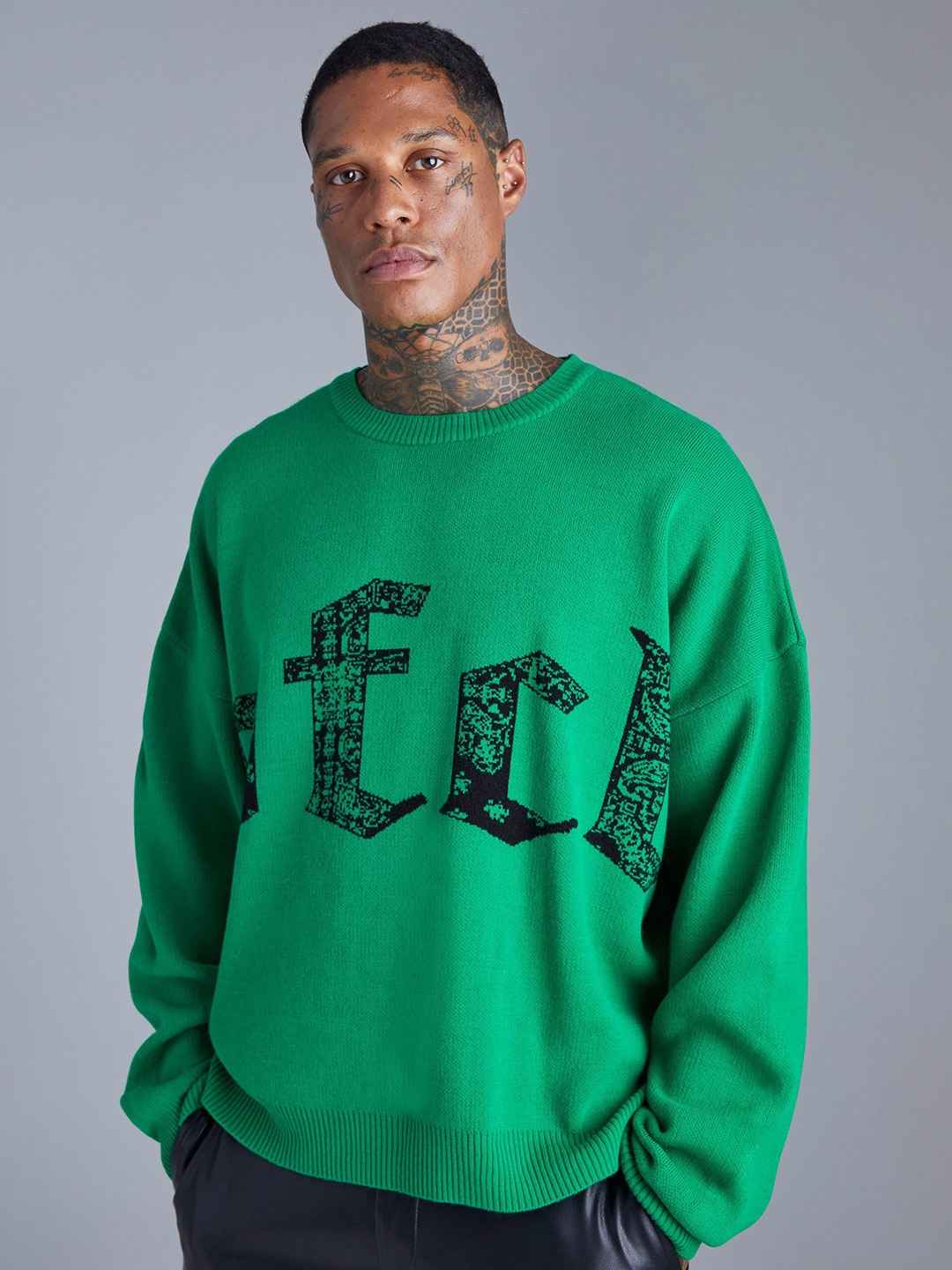 

boohooMAN Boxy Bandana Infill Drop Shoulder Sleeves Acrylic Pullover, Green