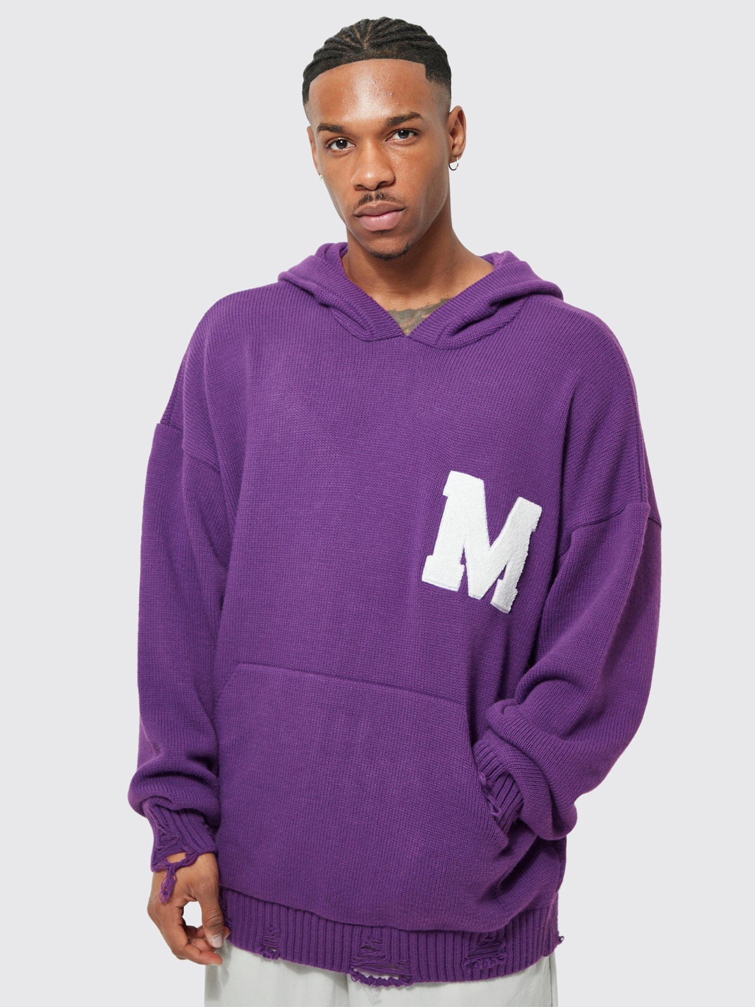 

boohooMAN Towelling Badge Oversized Distressed Hooded Acrylic Pullover, Purple