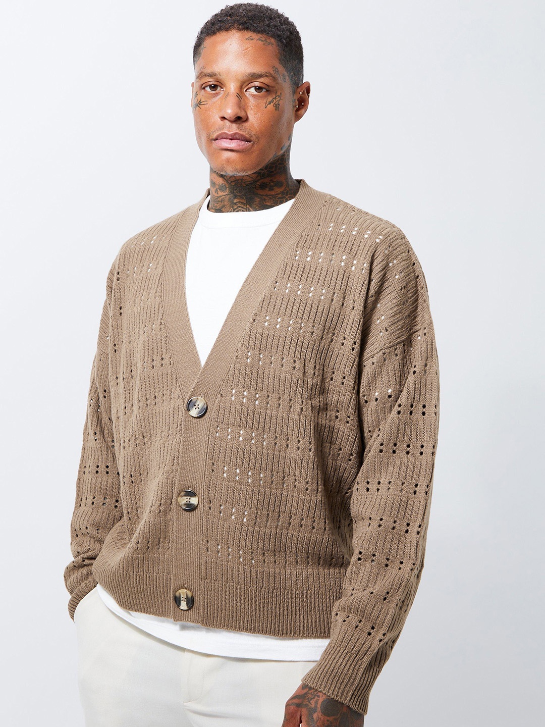 

boohooMAN Open-Knit Acrylic Cardigan, Brown