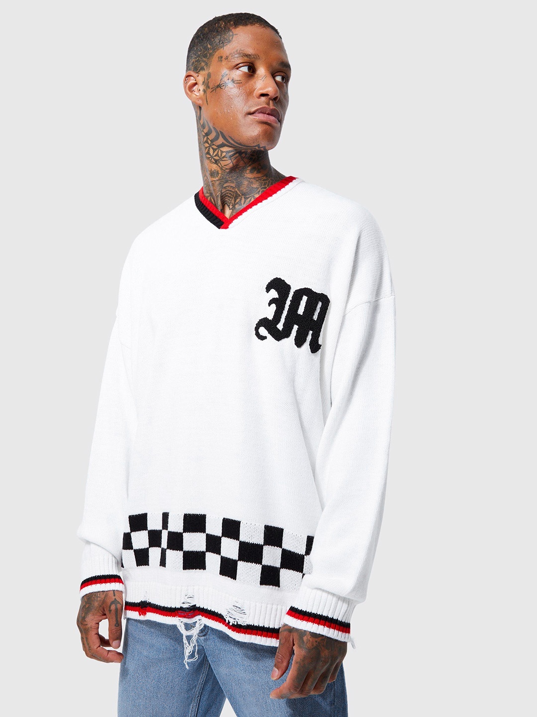 

boohooMAN Printed Distressed Oversized Acrylic Pullover, White