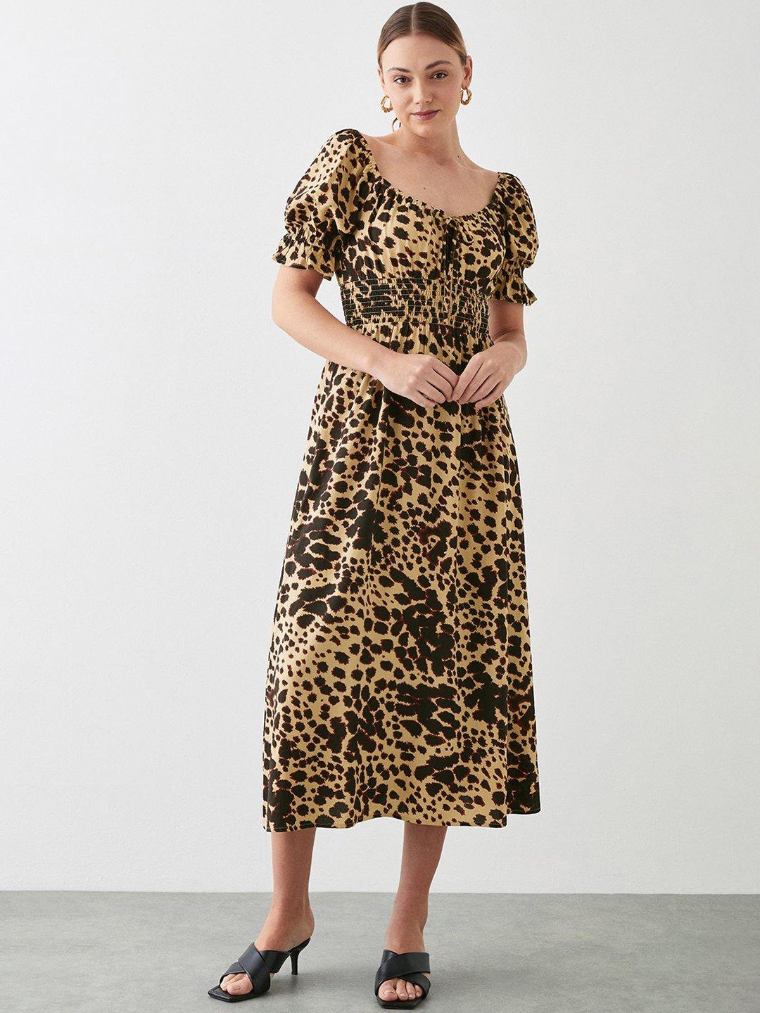 

DOROTHY PERKINS Animal Print Puff Sleeves Fit & Flare Midi Dress, Brown