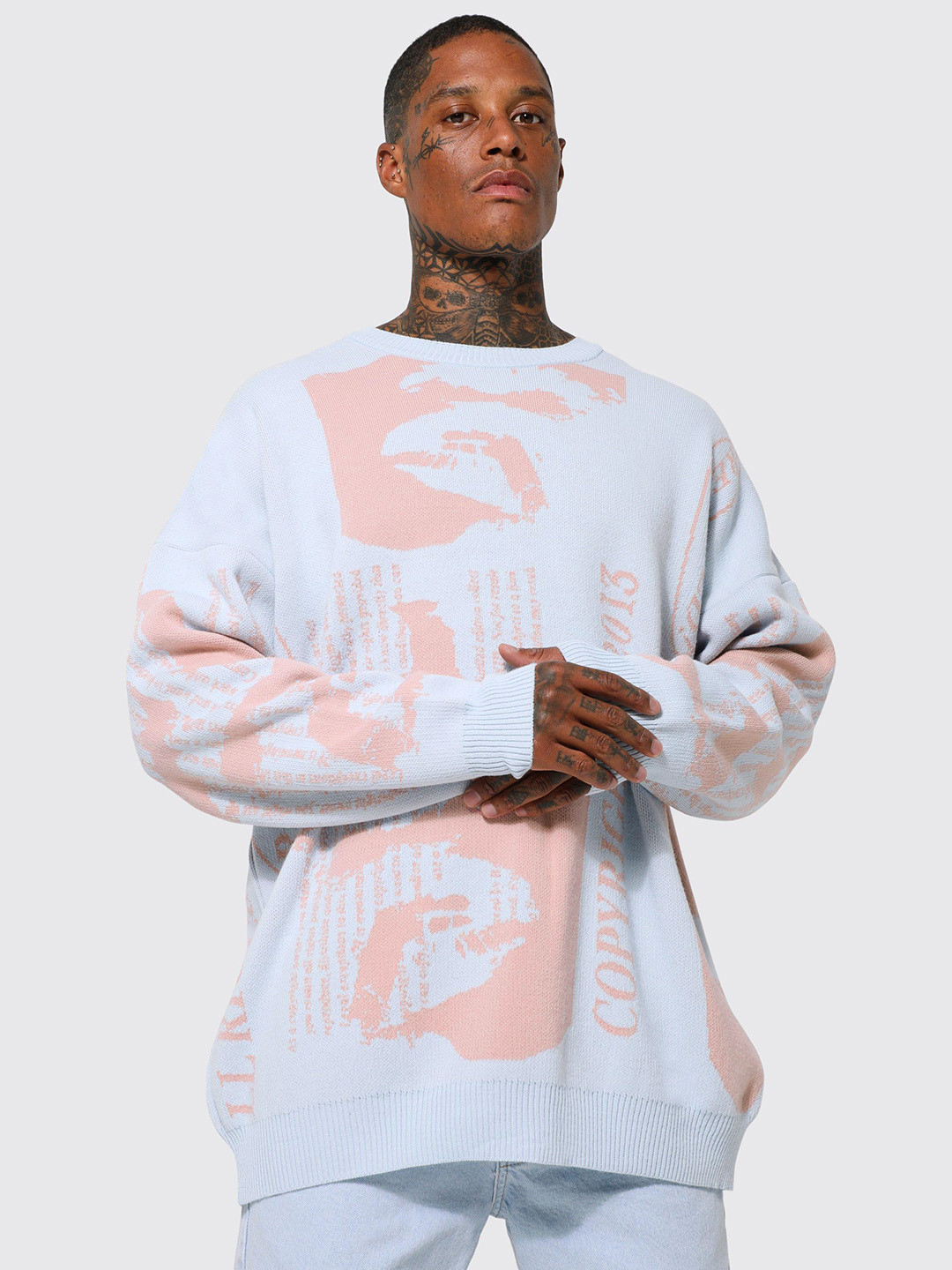 

boohooMAN Acrylic Printed Oversized Pullover, Blue