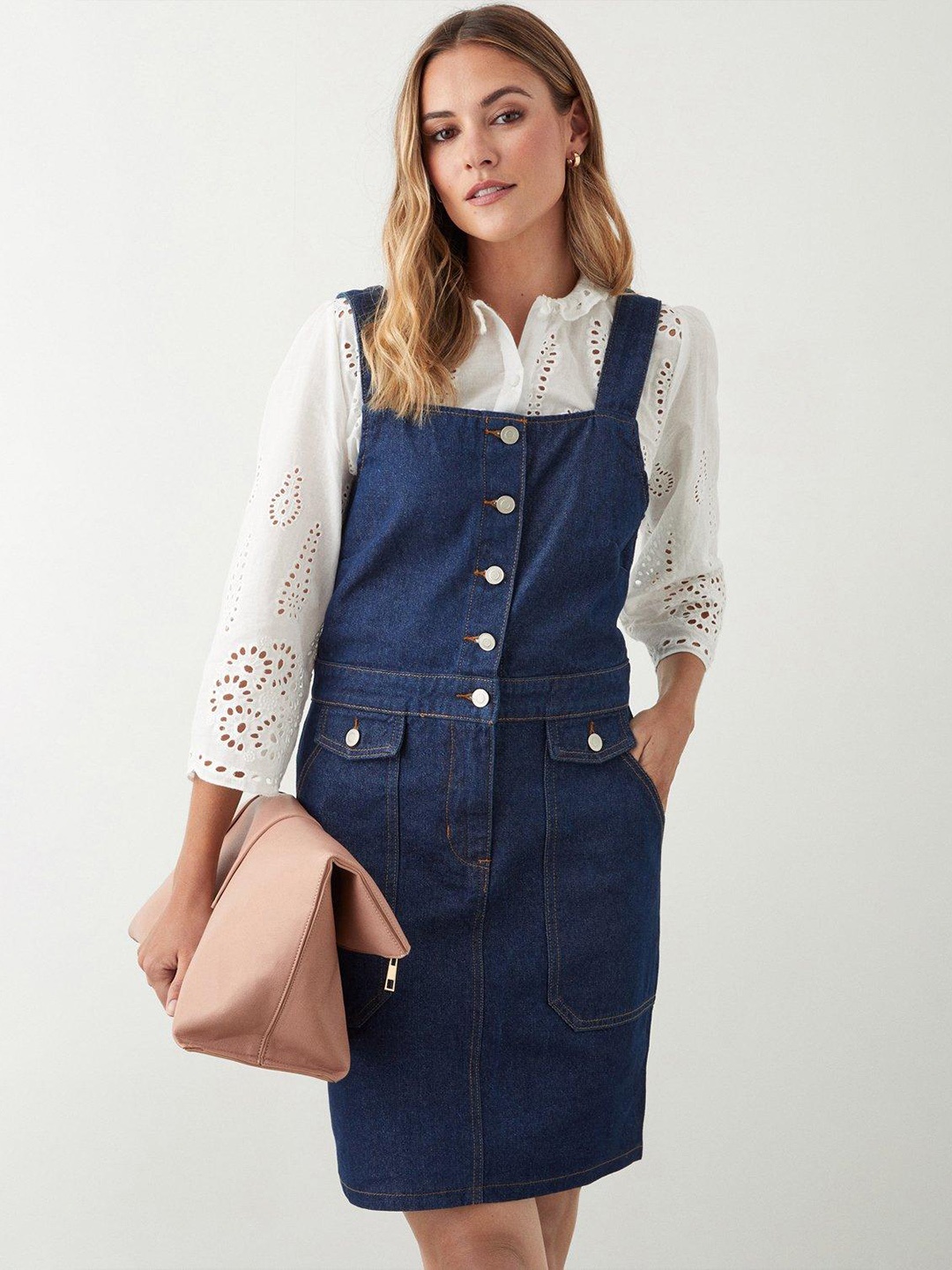 

DOROTHY PERKINS Flap Pocket Detailed Buttoned Front Pinafore Dress, Blue