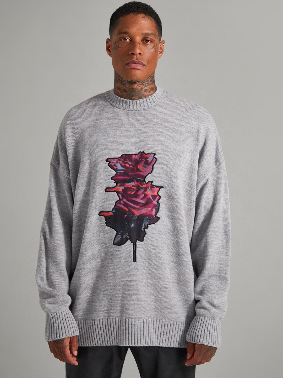 

boohooMAN Rose Patch Knitted Acrylic Pullover, Grey