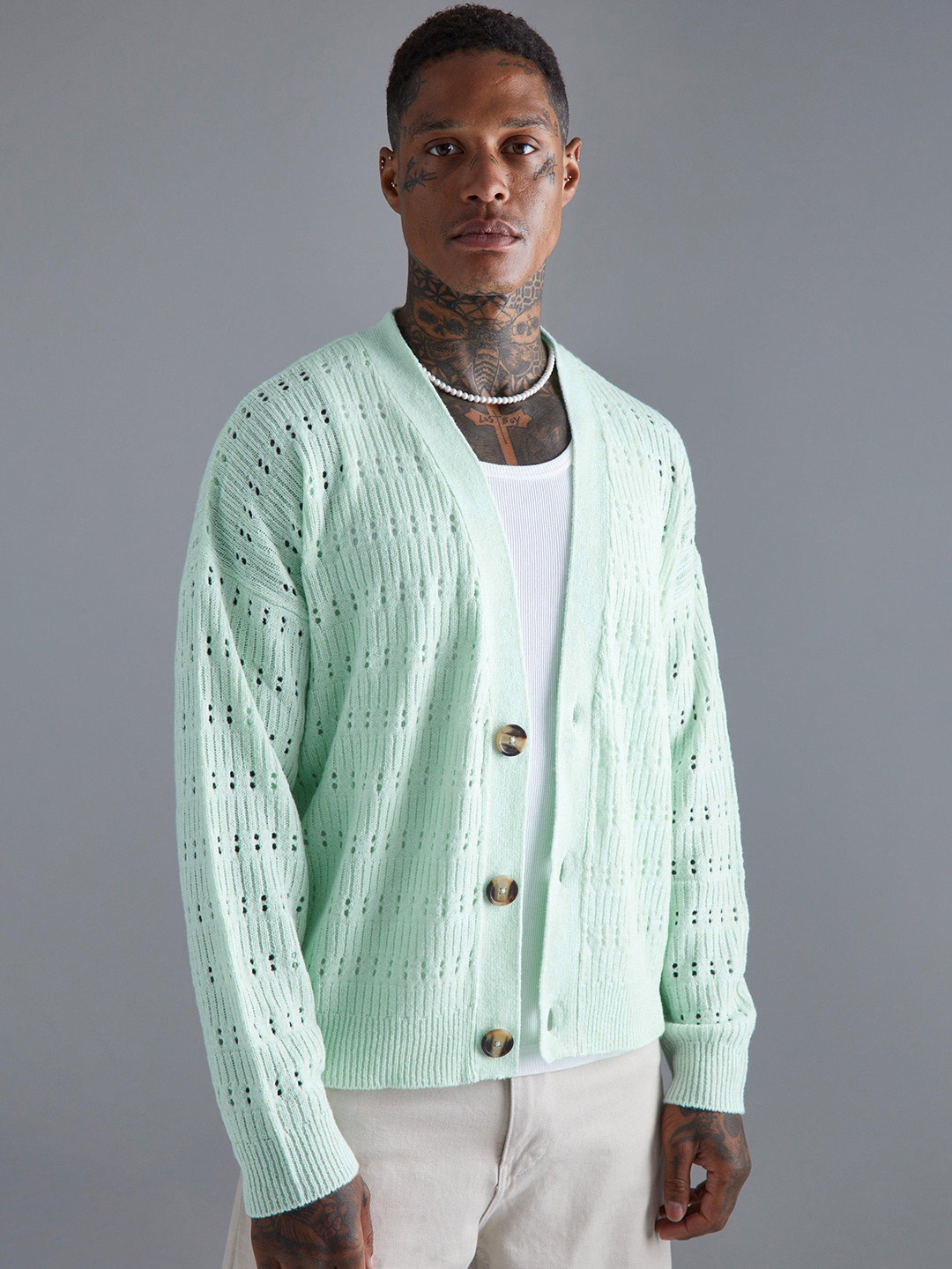 

boohooMAN Open Knit Acrylic Cardigan, Sea green