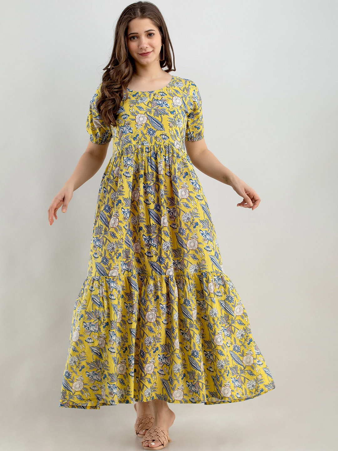 

UNIBLISS Floral Printed Fit & Flare Cotton Kurta, Yellow
