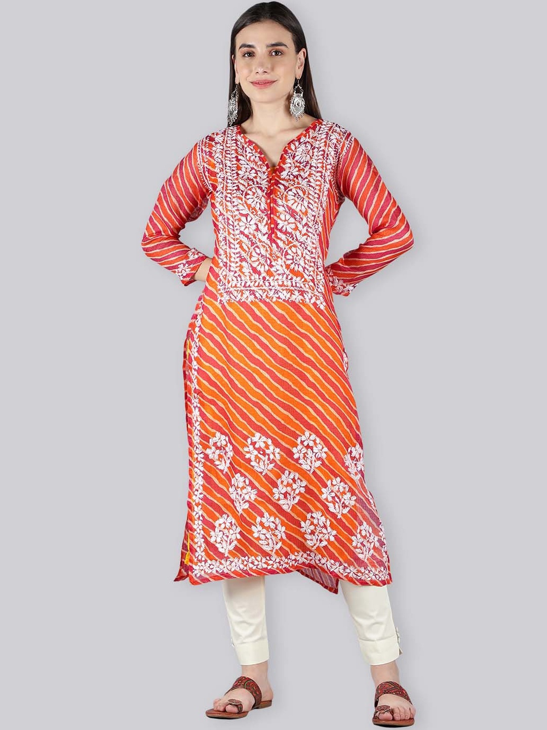 

Seva Chikan Leheriya Printed Chikankari Straight Kurta & Trouser With Slip, Orange