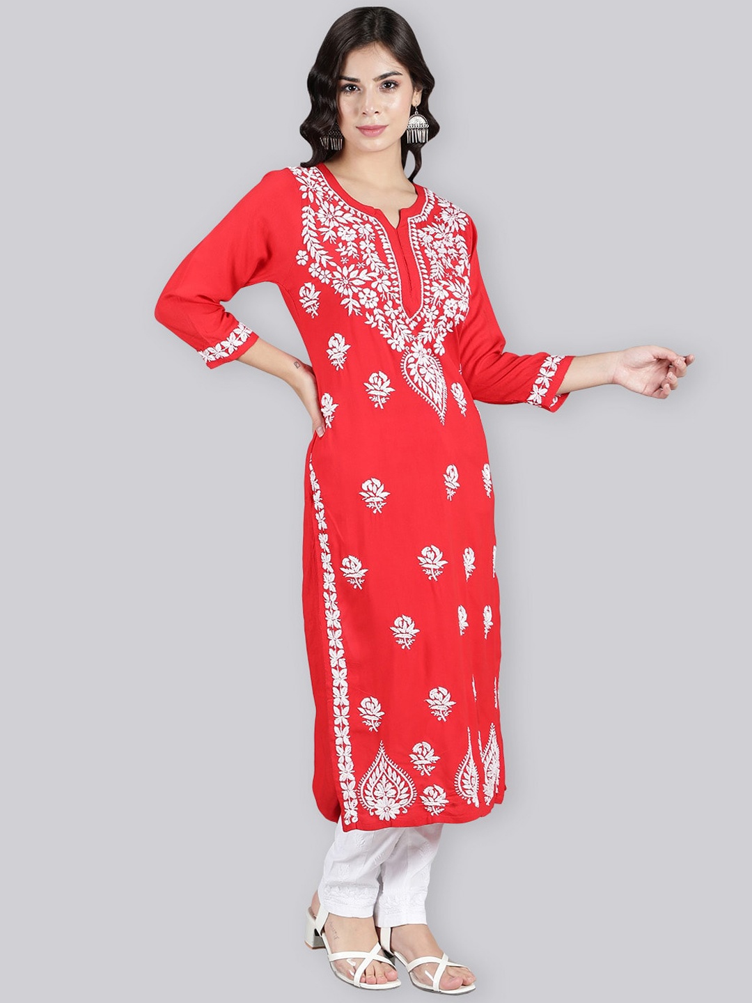 

Seva Chikan Floral Embroidered Chikankari Straight Kurta With Trouser, Red