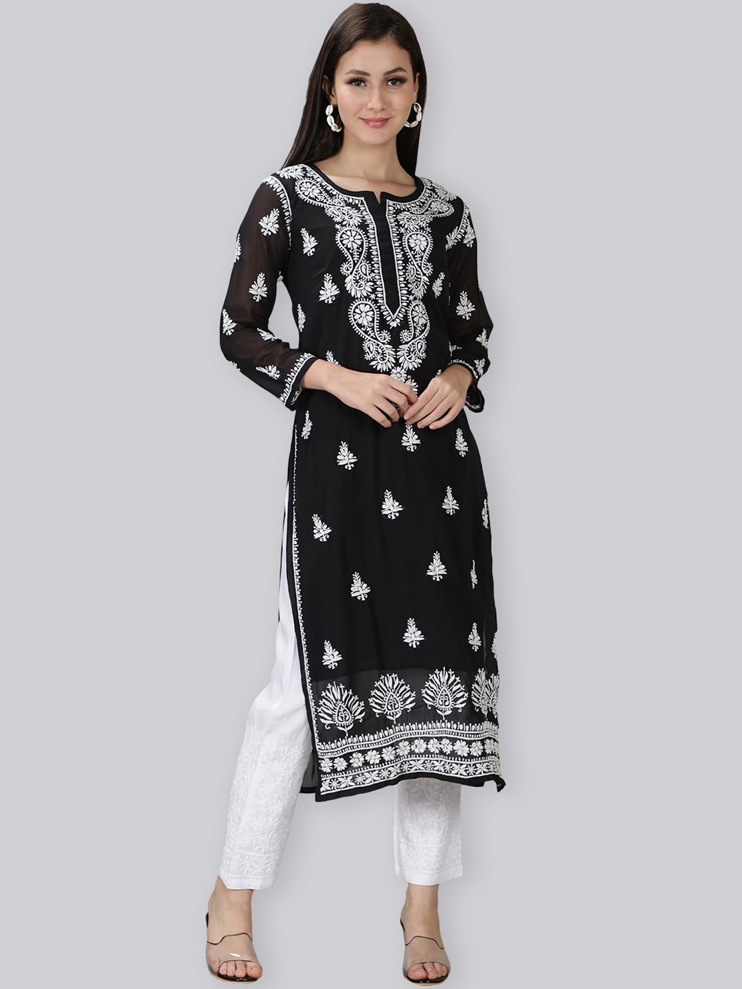 

Seva Chikan Ethnic Motifs Embroidered Round Neck Chikankari Kurta Set, Black
