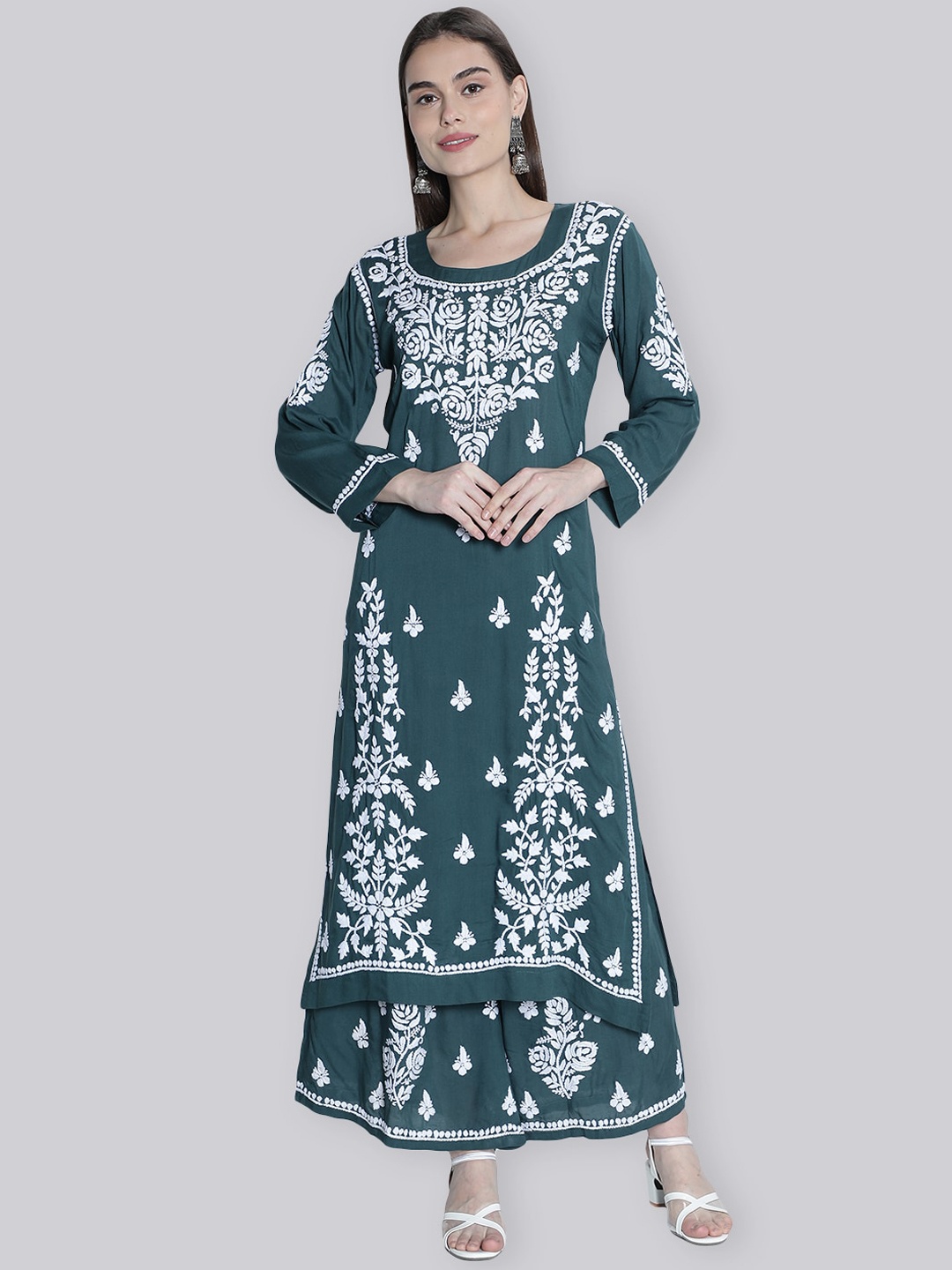 

Seva Chikan Floral Embroidered Chikankari Straight Kurta With Palazzo, Green