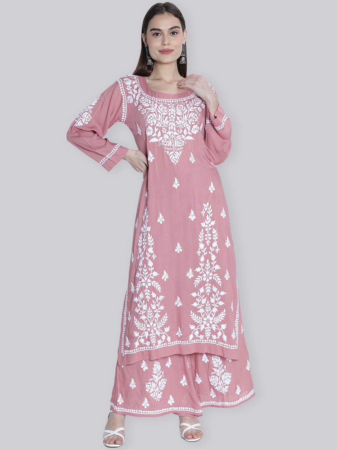 

Seva Chikan Floral Embroidered Round Neck Chikankari Thread Work Kurta Set, Pink