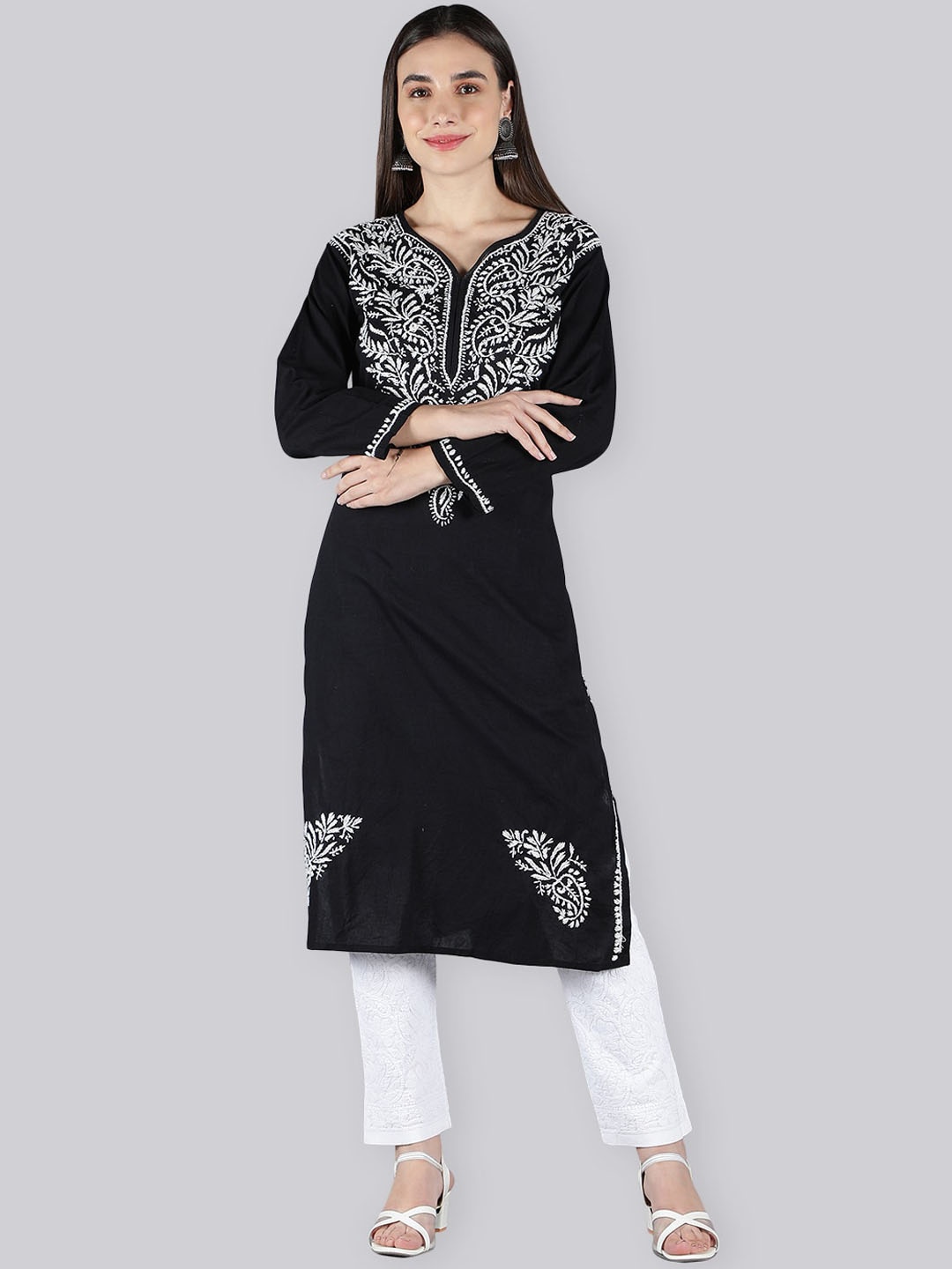 

Seva Chikan Ethnic Motifs Embroidered V-Neck Long Sleeve Chikankari Kurta Set, Black