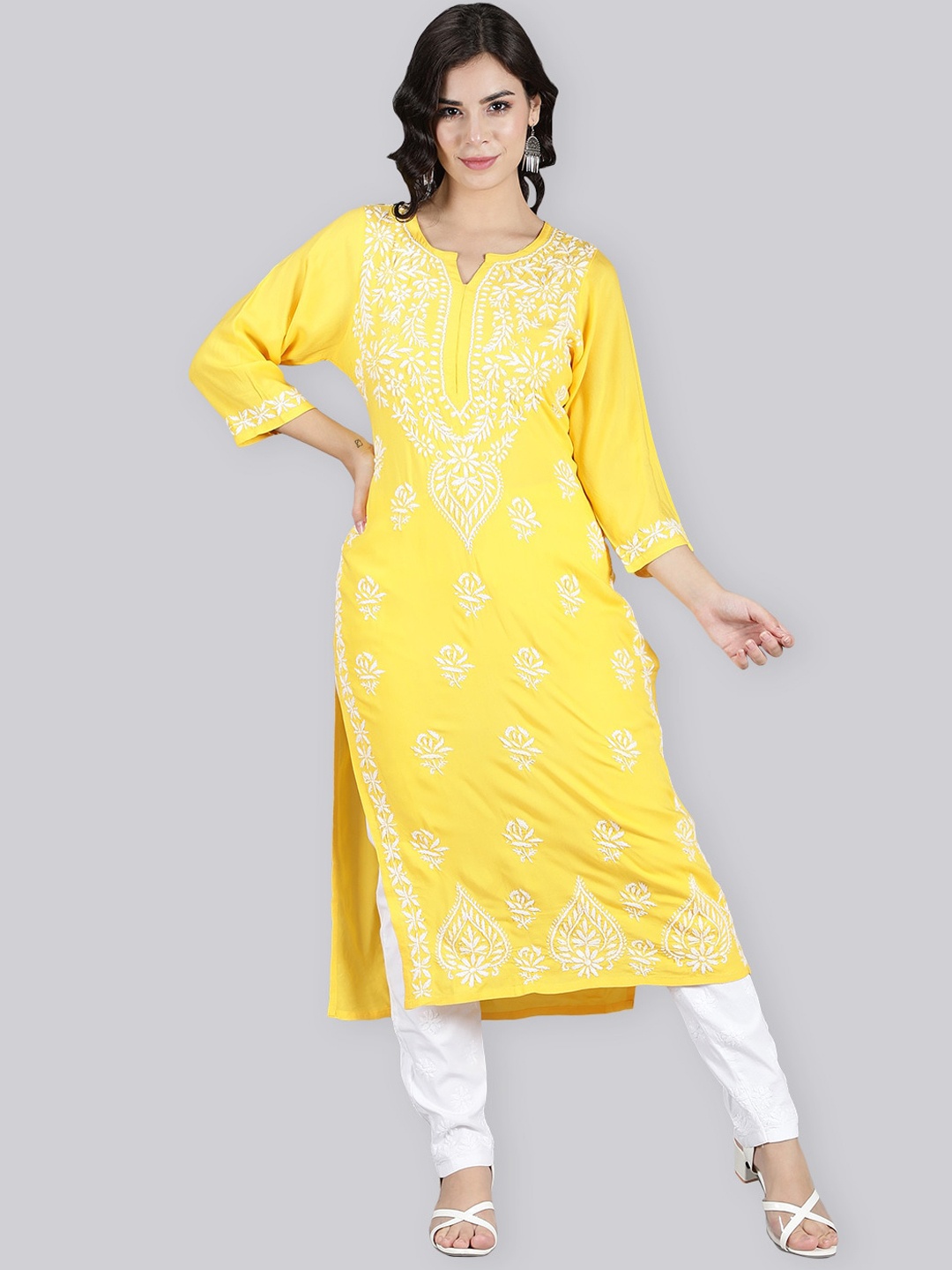 Seva Chikan Ethnic Motifs Embroidered Round Neck Chikankari Kurta Set, Yellow