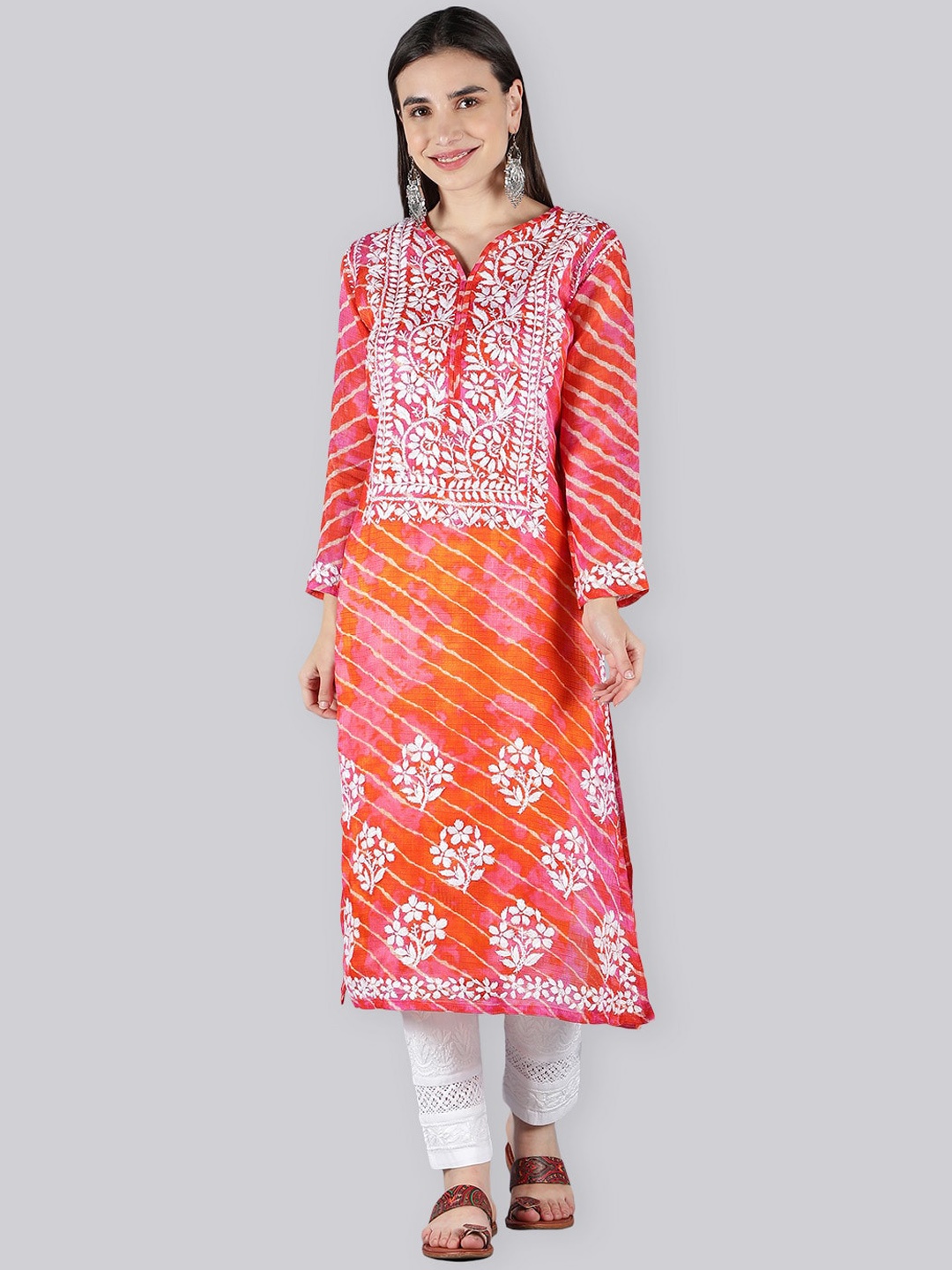 

Seva Chikan Ethnic Motifs Embroidered V-Neck Chikankari Kurta Set With Slip, Orange