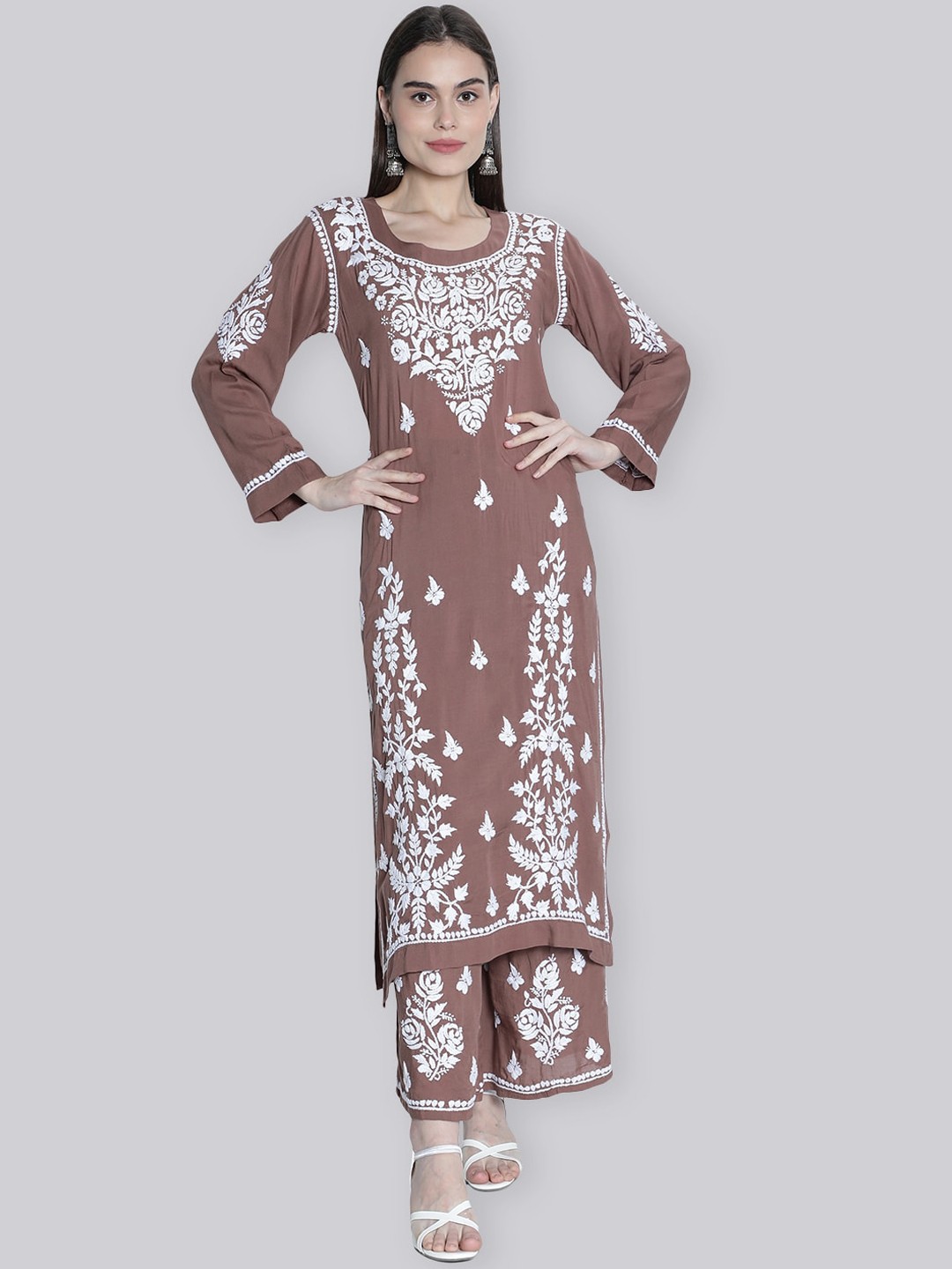 

Seva Chikan Floral Embroidered Round Neck Chikankari Thread Work Kurta Set, Brown