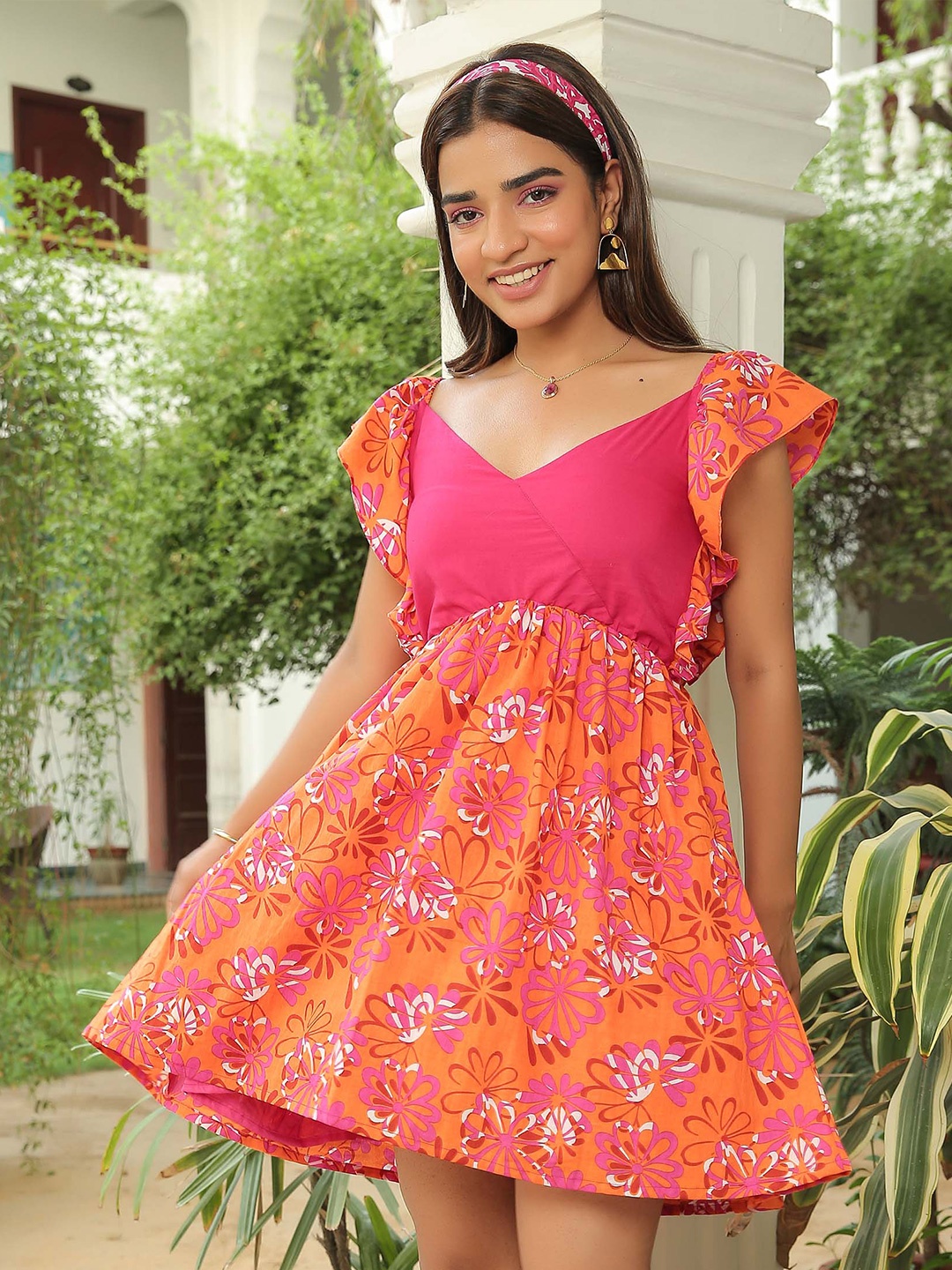 

KAORI BY SHREYA AGARWAL Floral Print Flutter Sleeve Cotton Fit & Flare Dress, Pink