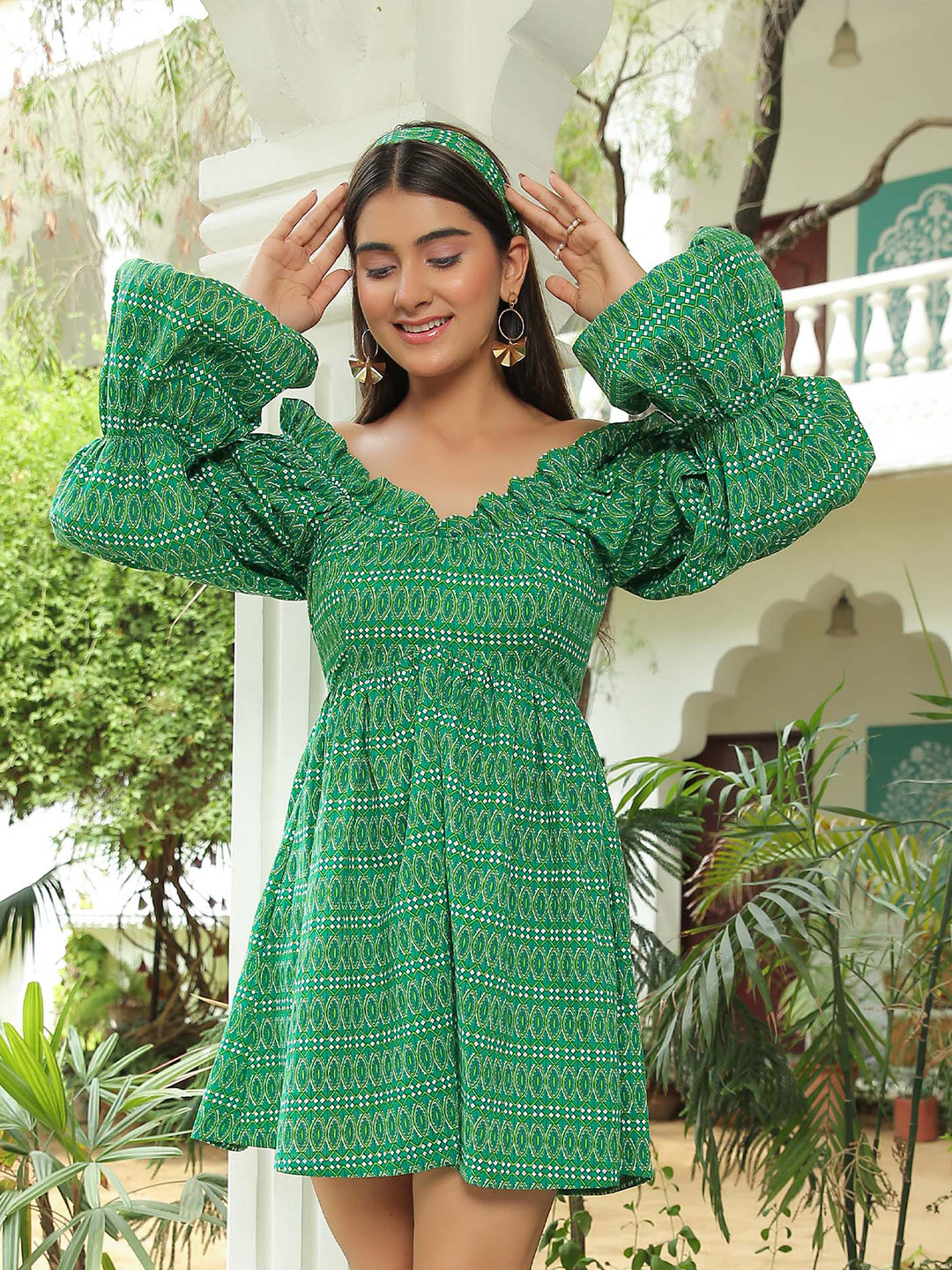 

KAORI BY SHREYA AGARWAL Ethnic Motifs Printed V-Neck Puff Sleeves Cotton Fit & Flare Dress, Green
