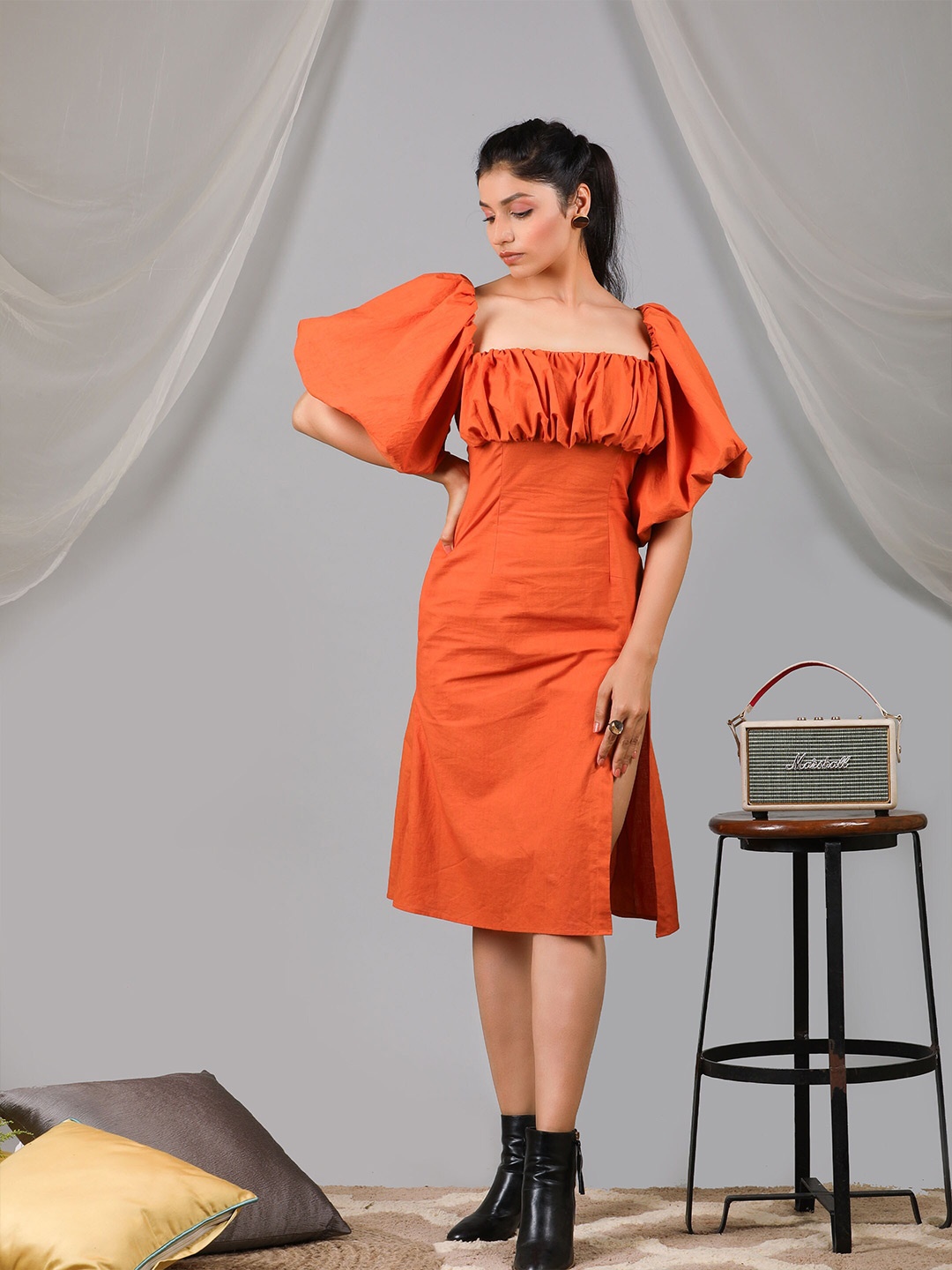 

KAORI BY SHREYA AGARWAL Square Neck Bell Sleeve Cotton Sheath Dress, Orange