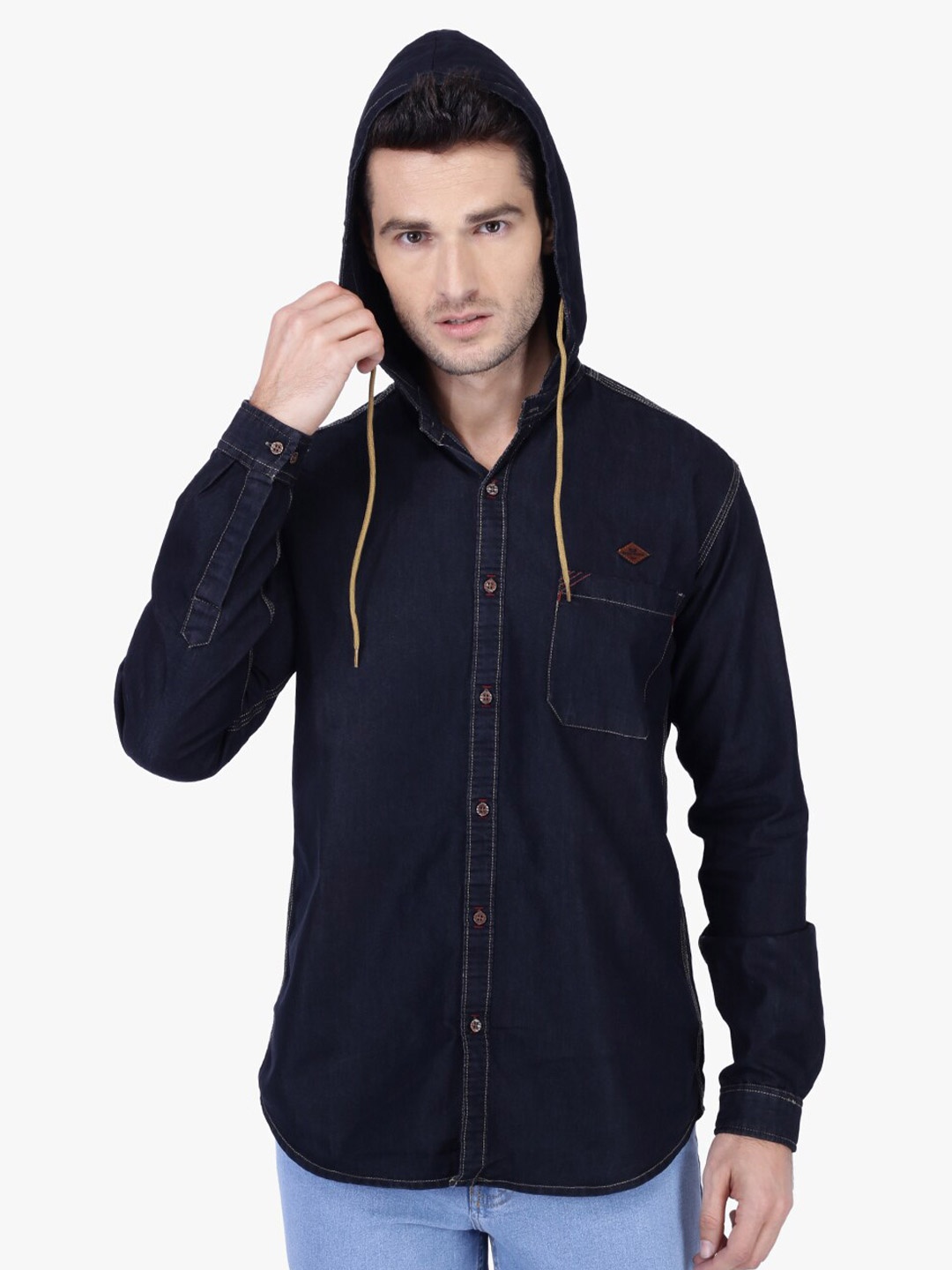 Kuons Avenue Smart Slim Fit Opaque Hooded Denim Shirt, Black