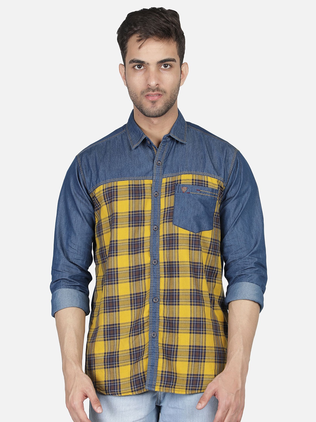 

Kuons Avenue Smart Slim Fit Opaque Checked Denim Casual Shirt, Yellow