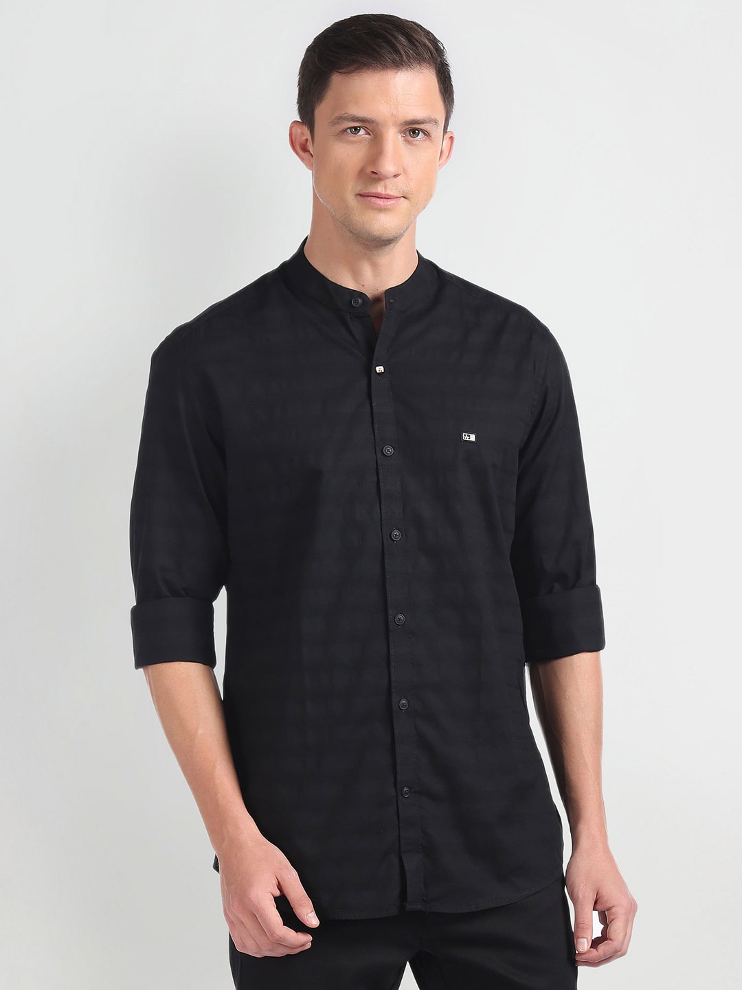 

Arrow Slim Fit Horizontal Striped Mandarin Collar Pure Cotton Casual Shirt, Black