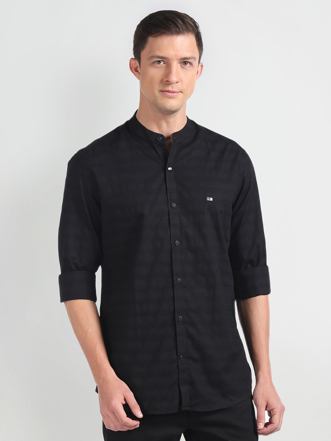 

Arrow Slim Fit Horizontal Striped Mandarin Collar Pure Cotton Casual Shirt, Black