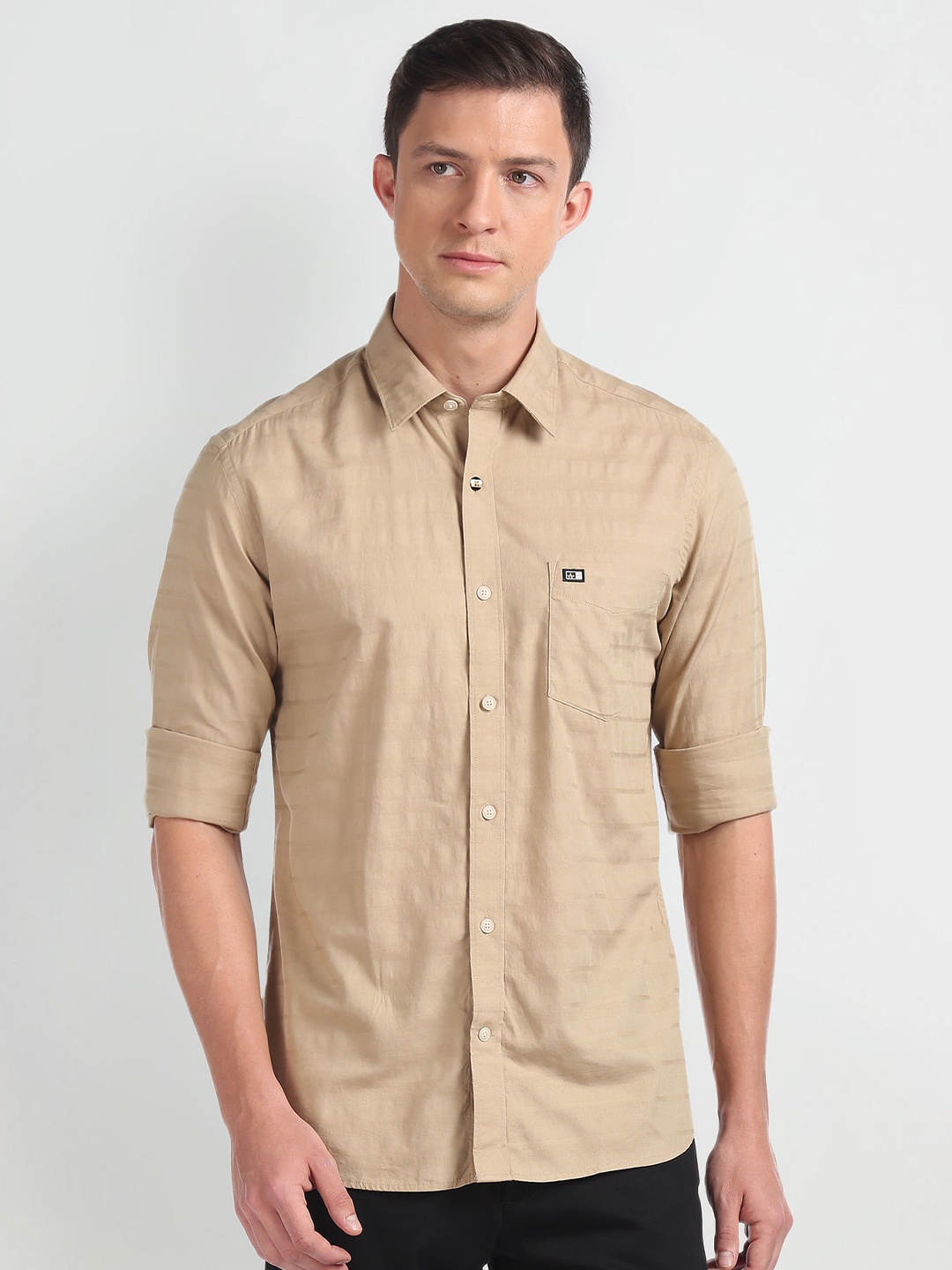 

Arrow Slim Fit Horizontal Striped Pure Cotton Casual Shirt, Beige