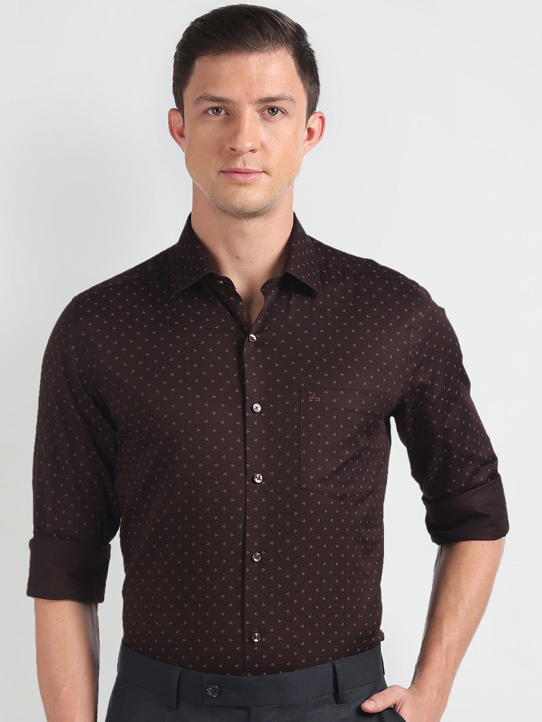 

Arrow Slim Fit Micro Ditsy Printed Twill Weave Pure Cotton Formal Shirt, Maroon