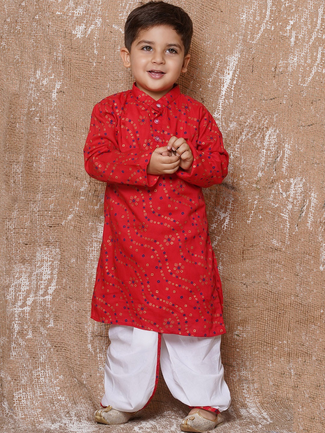 

Aj DEZInES Boys Bandhani Printed Pure Cotton Kurta with Dhoti Pants, Red