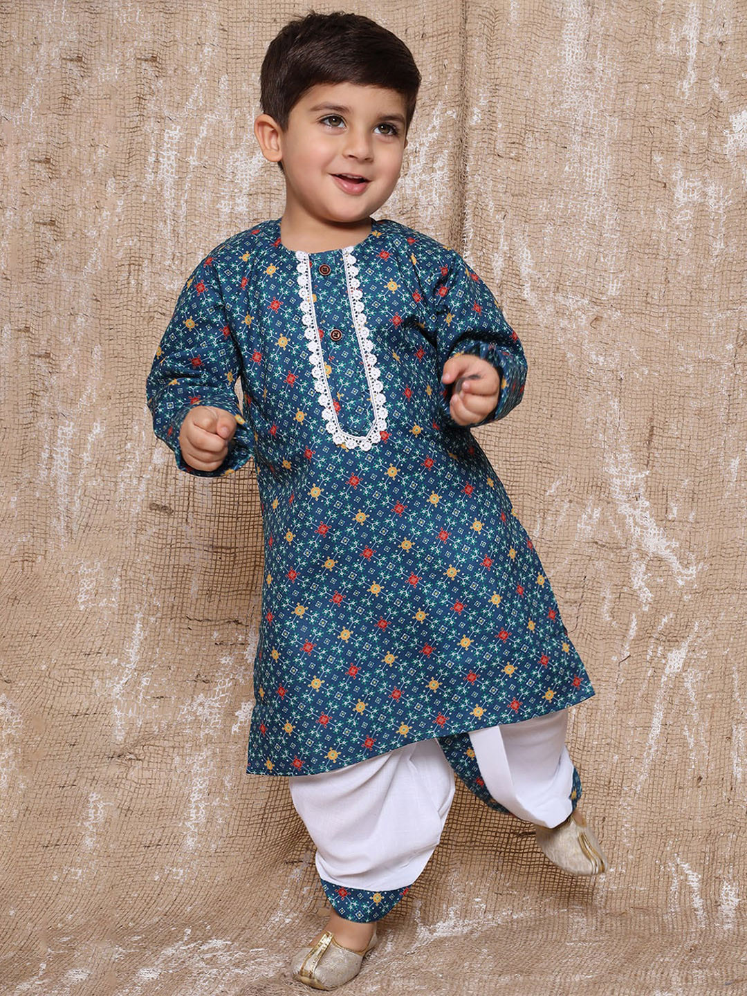 

Aj DEZInES Boys Ethnic Motifs Printed Pure Cotton Kurta with Dhoti Pants, Blue