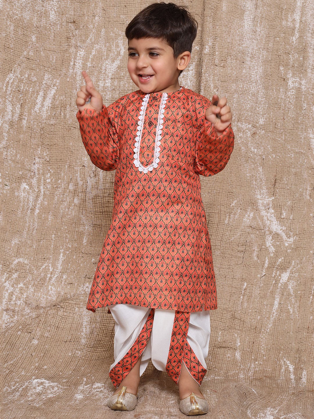 

Aj DEZInES Boys Ethnic Motifs Printed Pure Cotton Kurta with Dhoti Pants, Rust