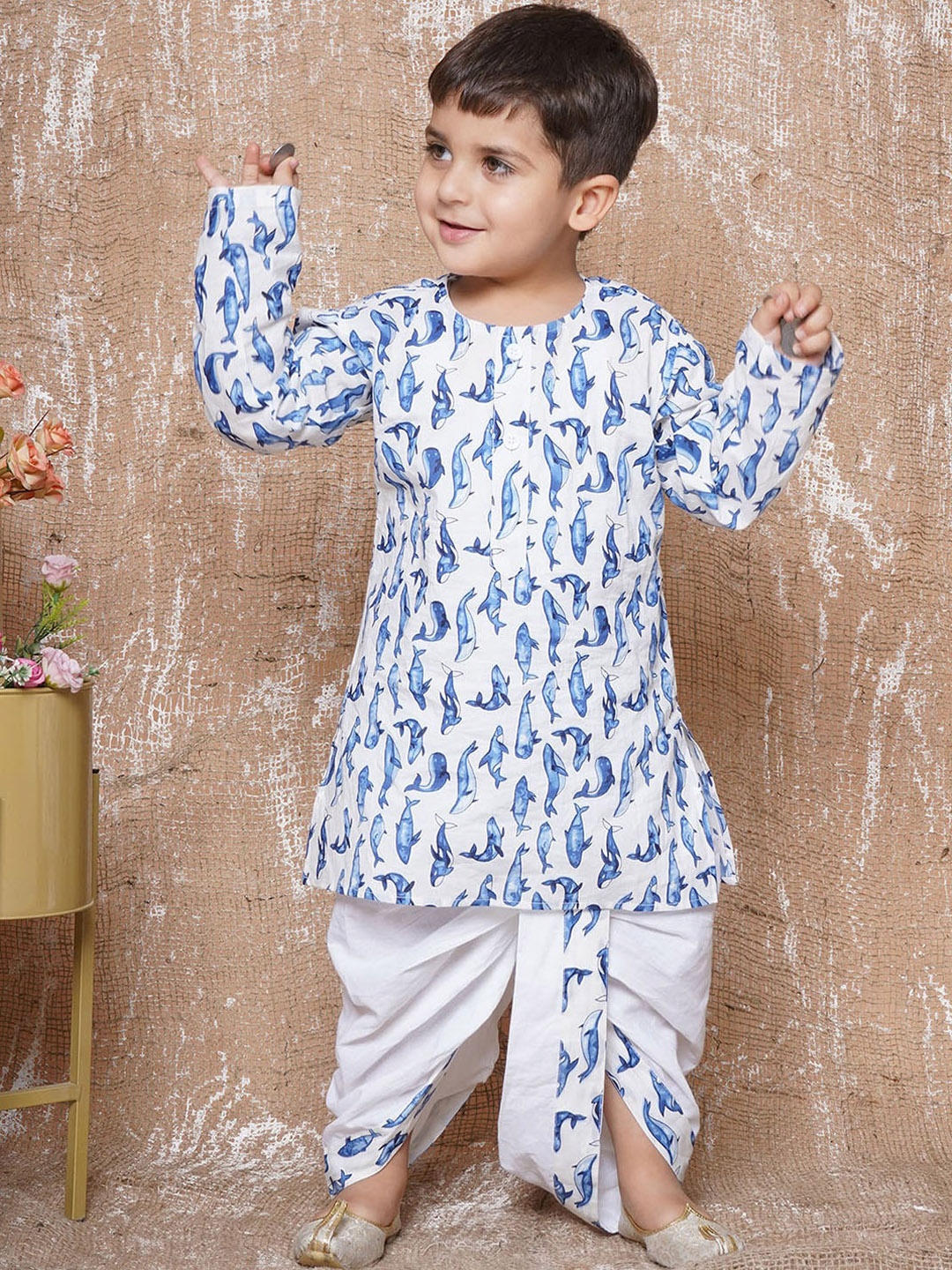 

Aj DEZInES Boys Quirky Printed Pure Cotton Kurta with Dhoti Pants, Blue