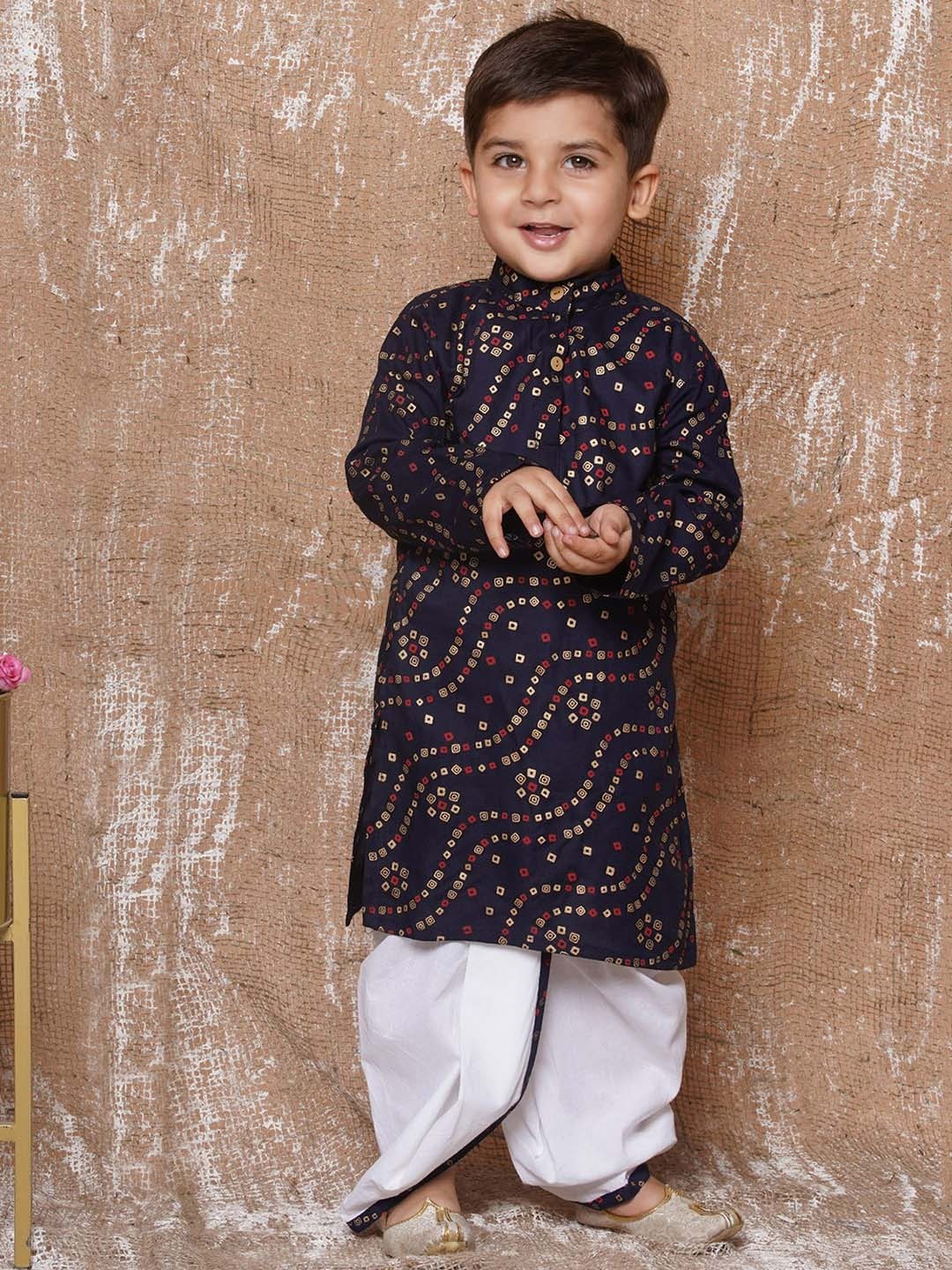 

Aj DEZInES Boys Bandhani Printed Band Collar Pure Cotton Straight Kurta With Dhoti Pants, Navy blue