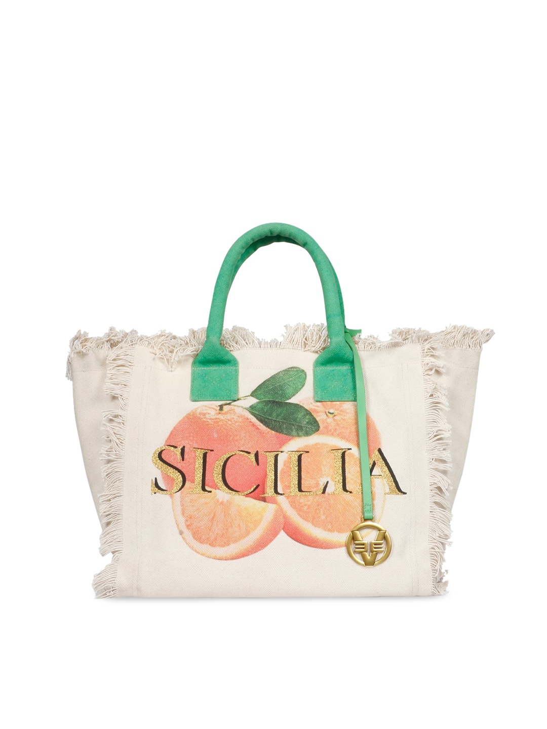 

Favore Typography Printed Structured Tote Bag With Fringed, White