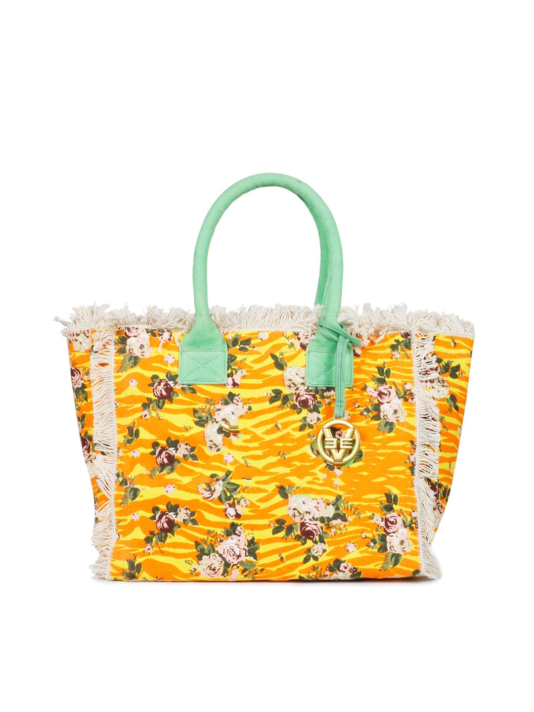 Favore Floral Printed Structured Tote Bag With Fringed, Yellow