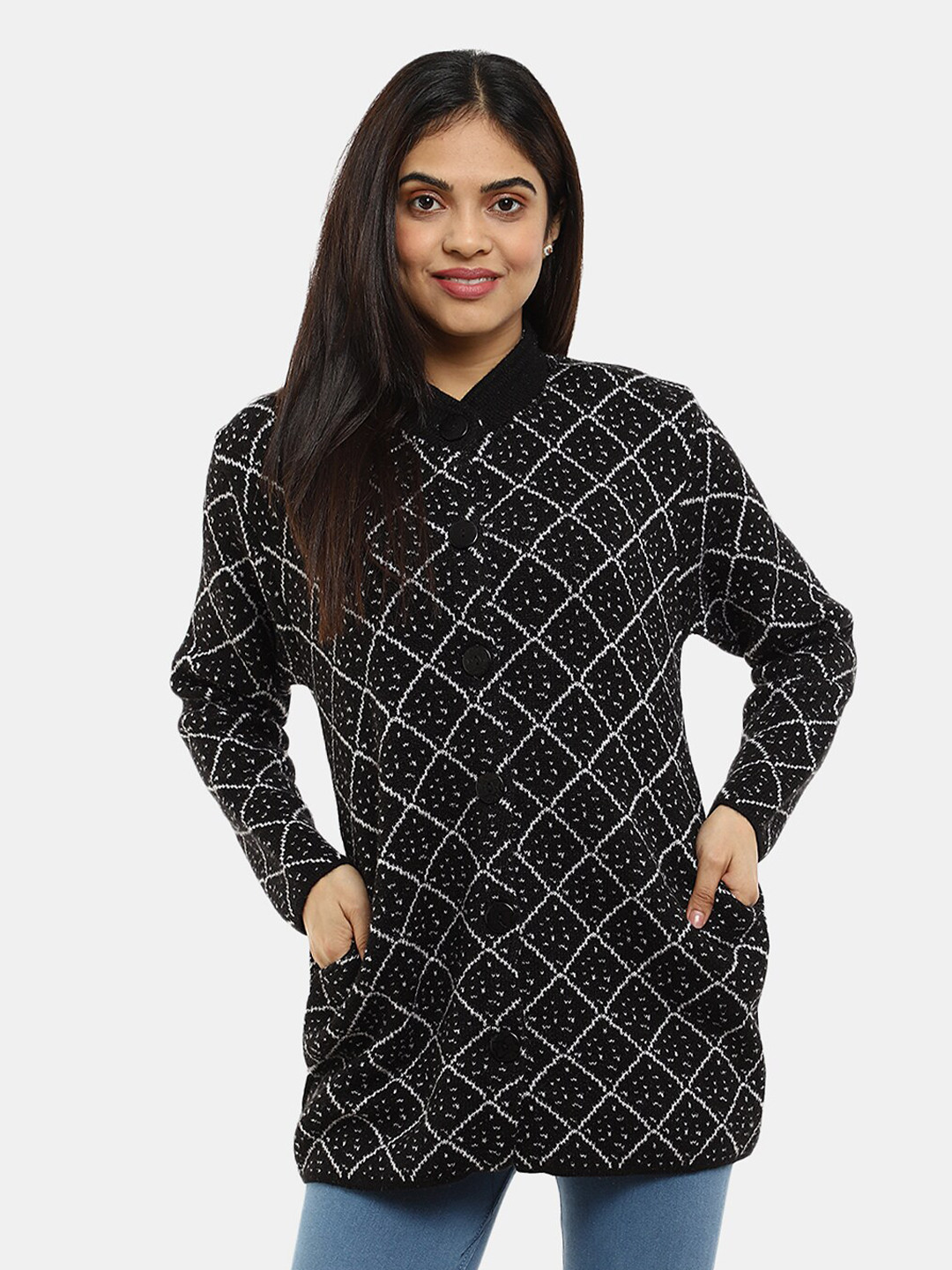 

V-Mart Geometric Printed Mock Collar Cotton Cardigan, Black