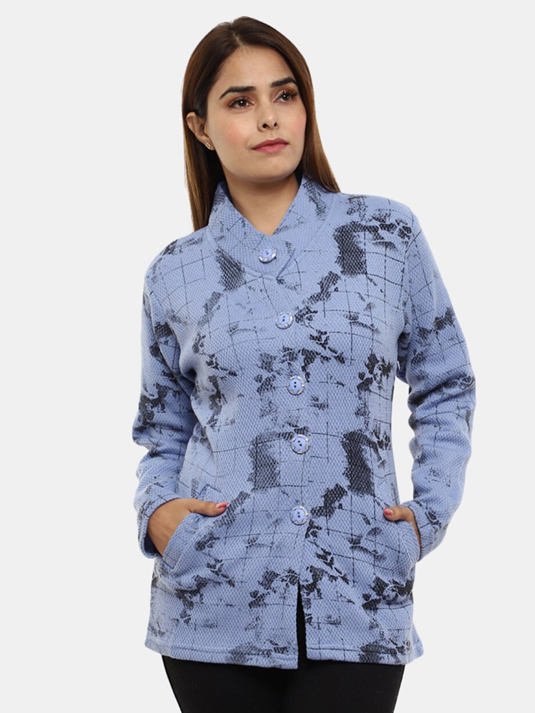 V-Mart Abstract Printed Acrylic Cardigan Sweater, Blue