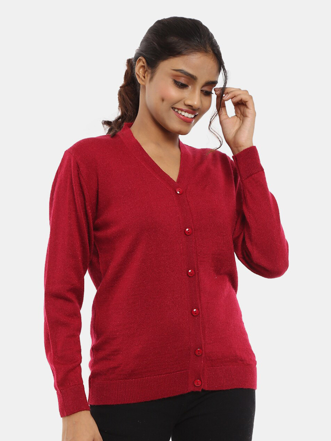 

V-Mart V-Neck Long Sleeves Ribbed Cotton Cardigan, Maroon