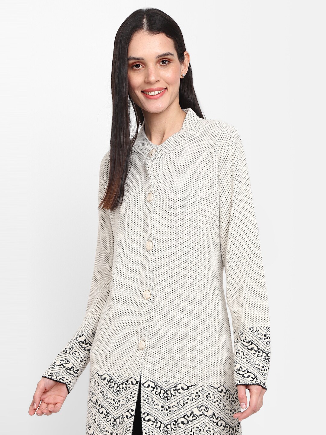

V-Mart Ethnic Motifs Printed Longline Cotton Cardigan, Beige