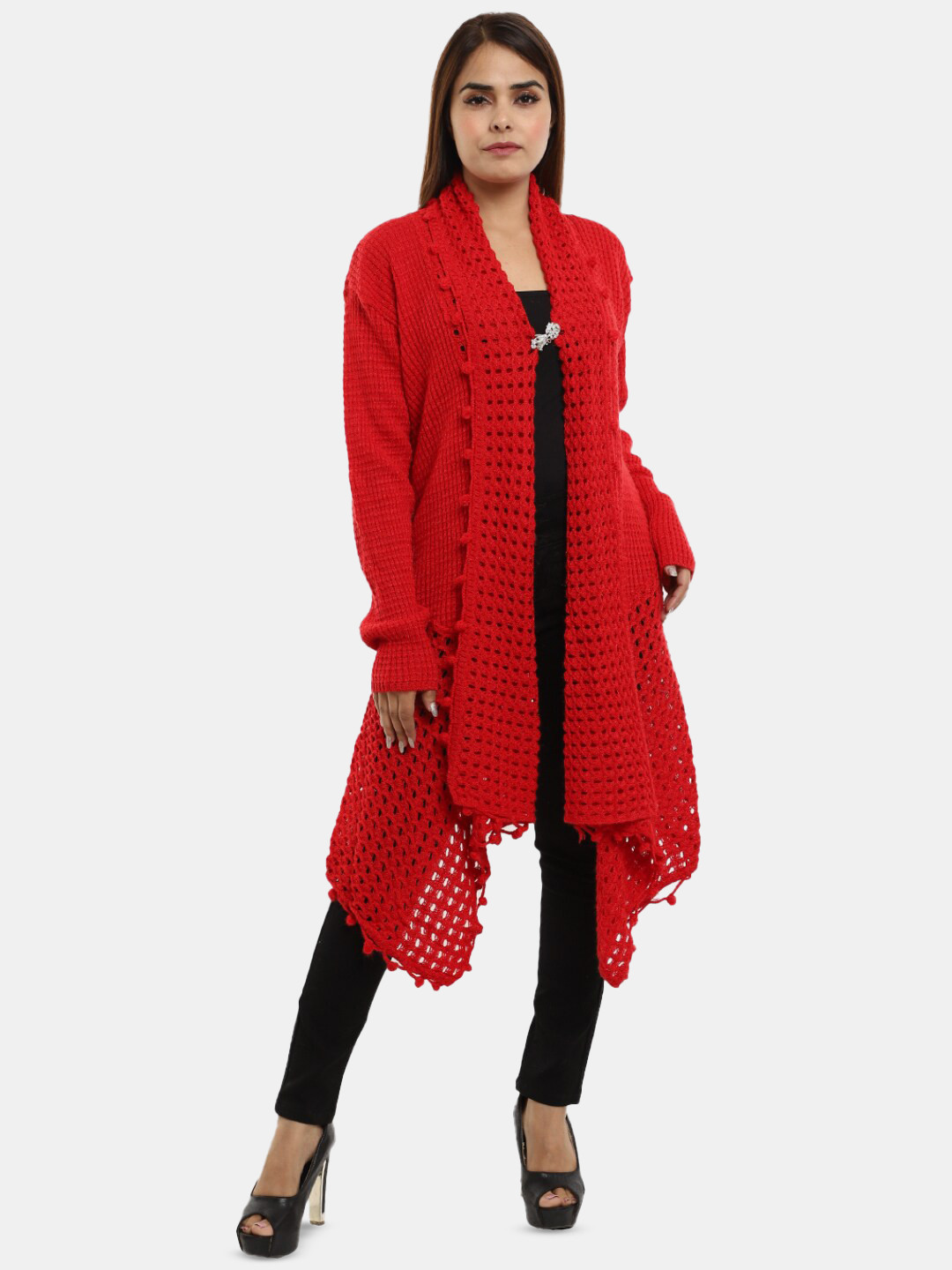 

V-Mart Open Knit Longline Front-Open Cotton Sweaters, Red