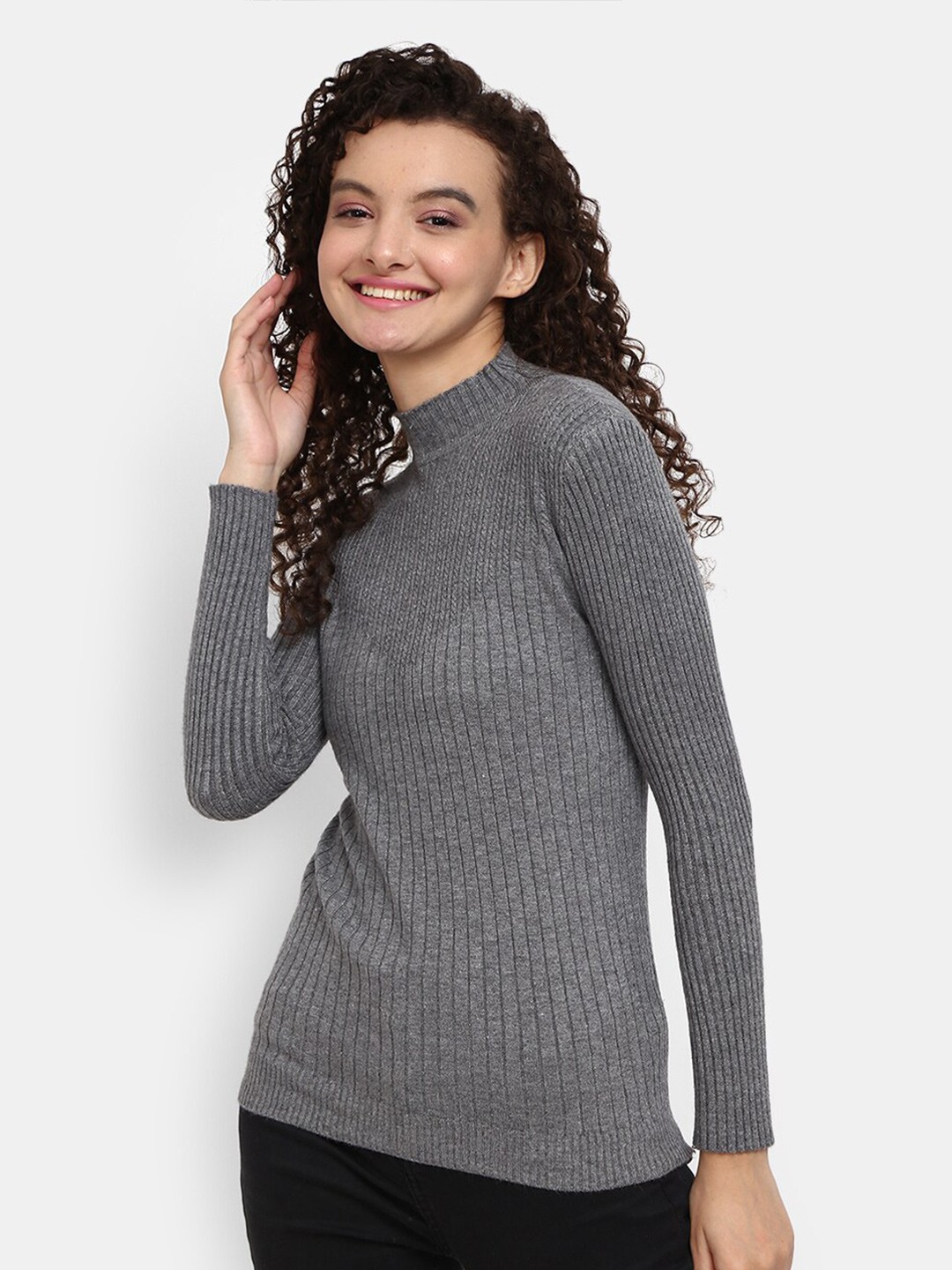 

V-Mart Ribbed High Neck Cotton Pullover, Grey