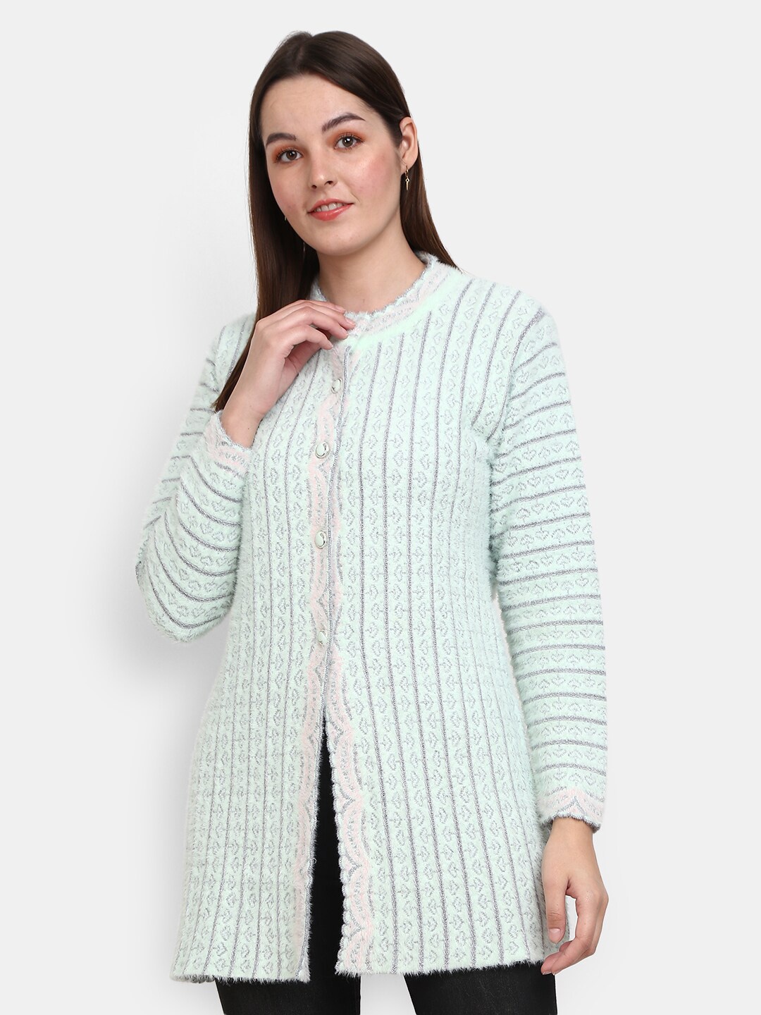 

V-Mart Ethnic Motifs Printed Longline Cotton Cardigan Sweater, Green