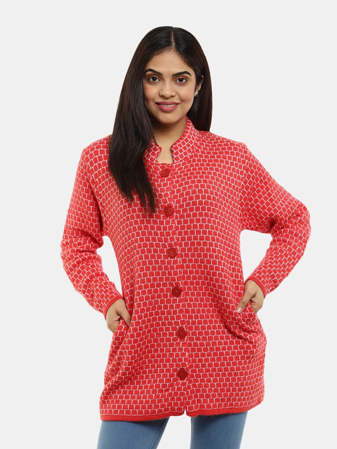 

V-Mart Self Design Checked Mock Collar Cotton Cardigan, Orange